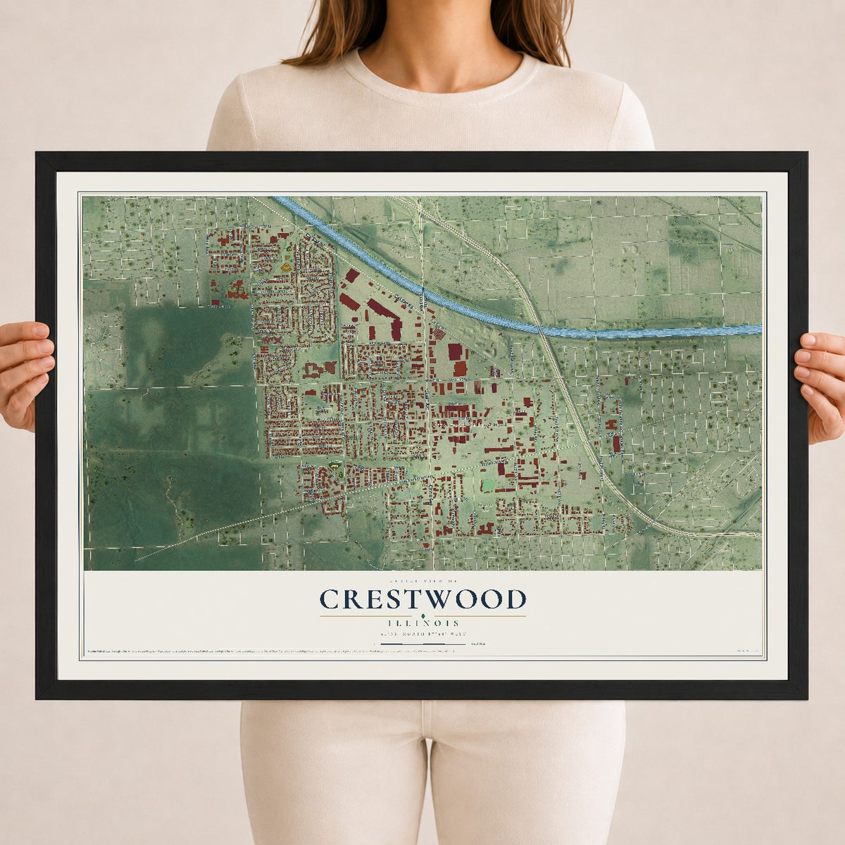 Map of Crestwood, Illinois, 18 x 24 inch print in a black wood frame