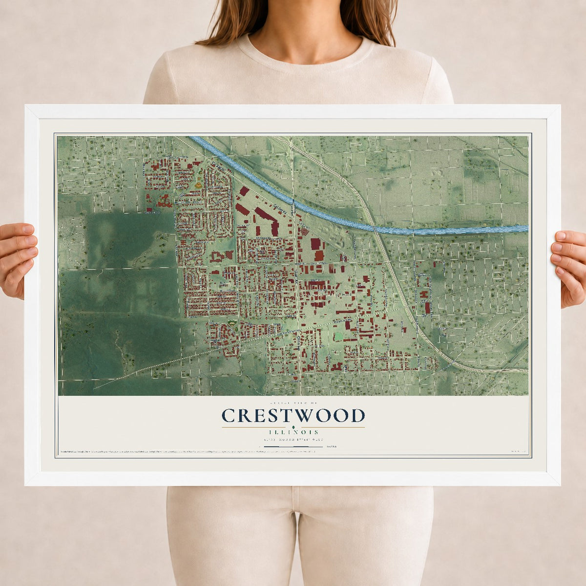 Map of Crestwood, Illinois, 18 x 24 inch print in a white wood frame