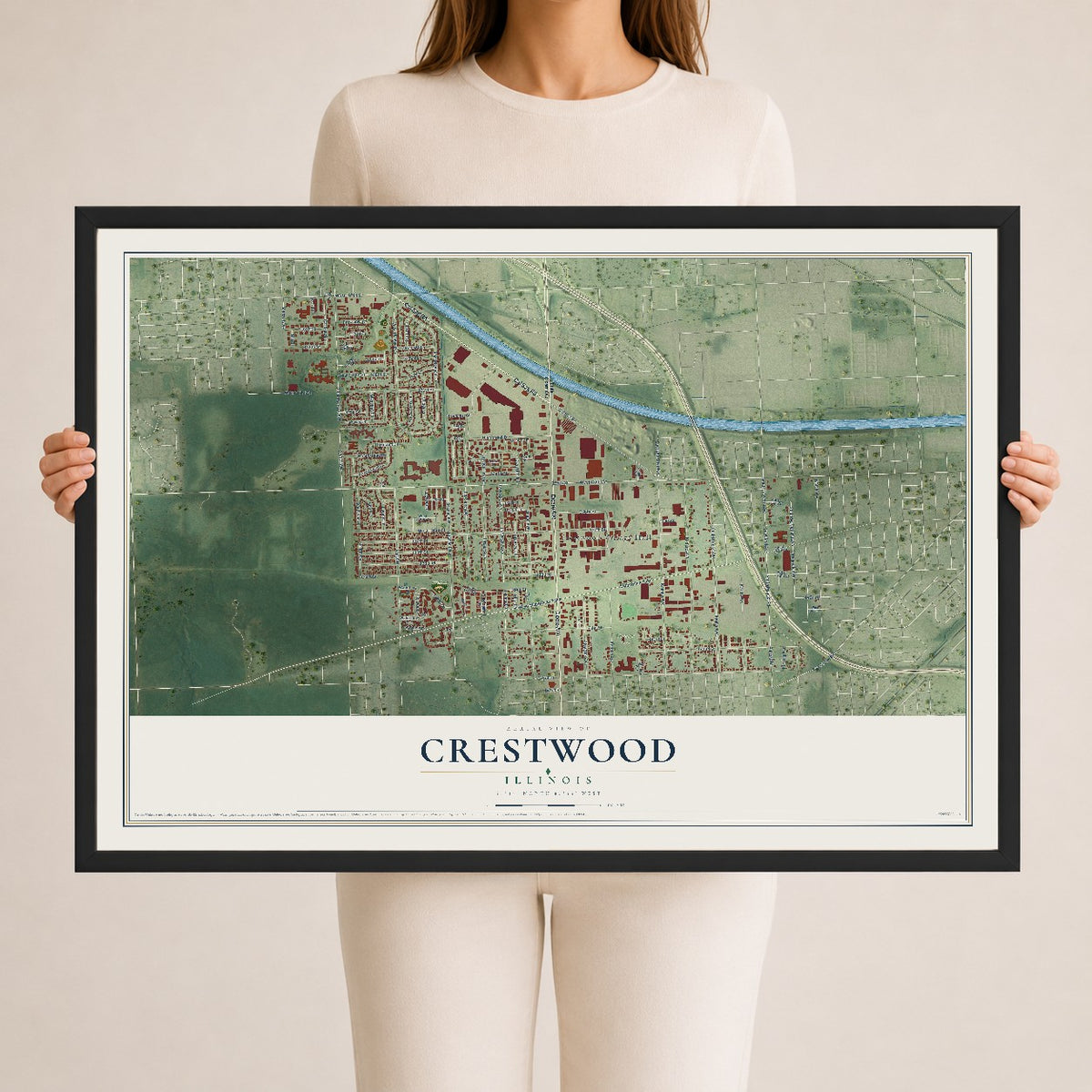 Map of Crestwood, Illinois, 24 x 36 inch print in a black wood frame