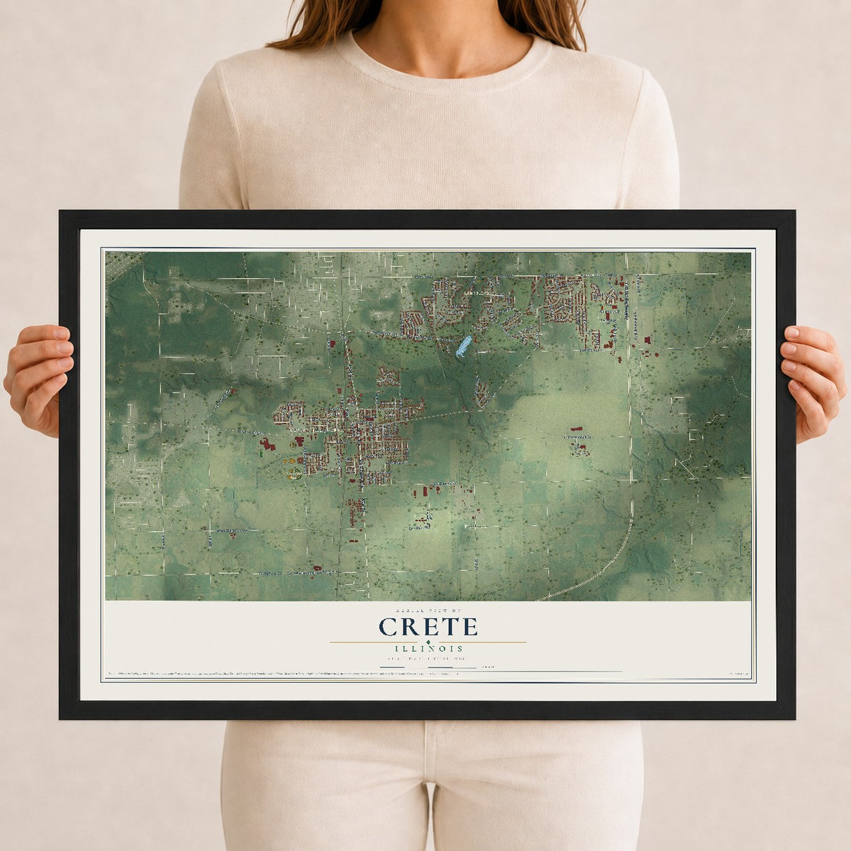 Map of Crete, Illinois, 12 x 18 inch print in a black wood frame