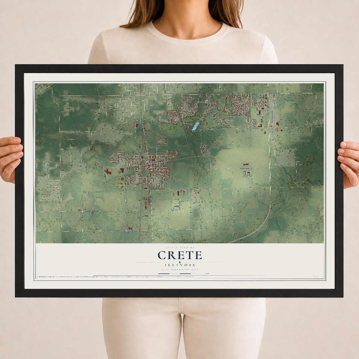 Map of Crete, Illinois, 18 x 24 inch print in a black wood frame
