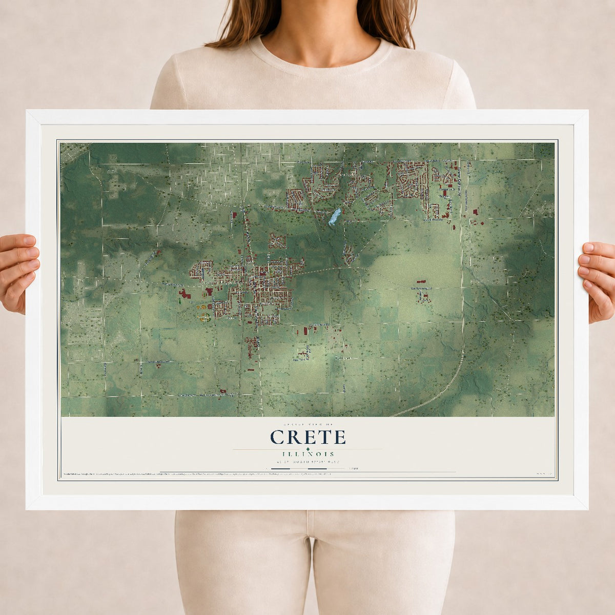 Map of Crete, Illinois, 18 x 24 inch print in a white wood frame