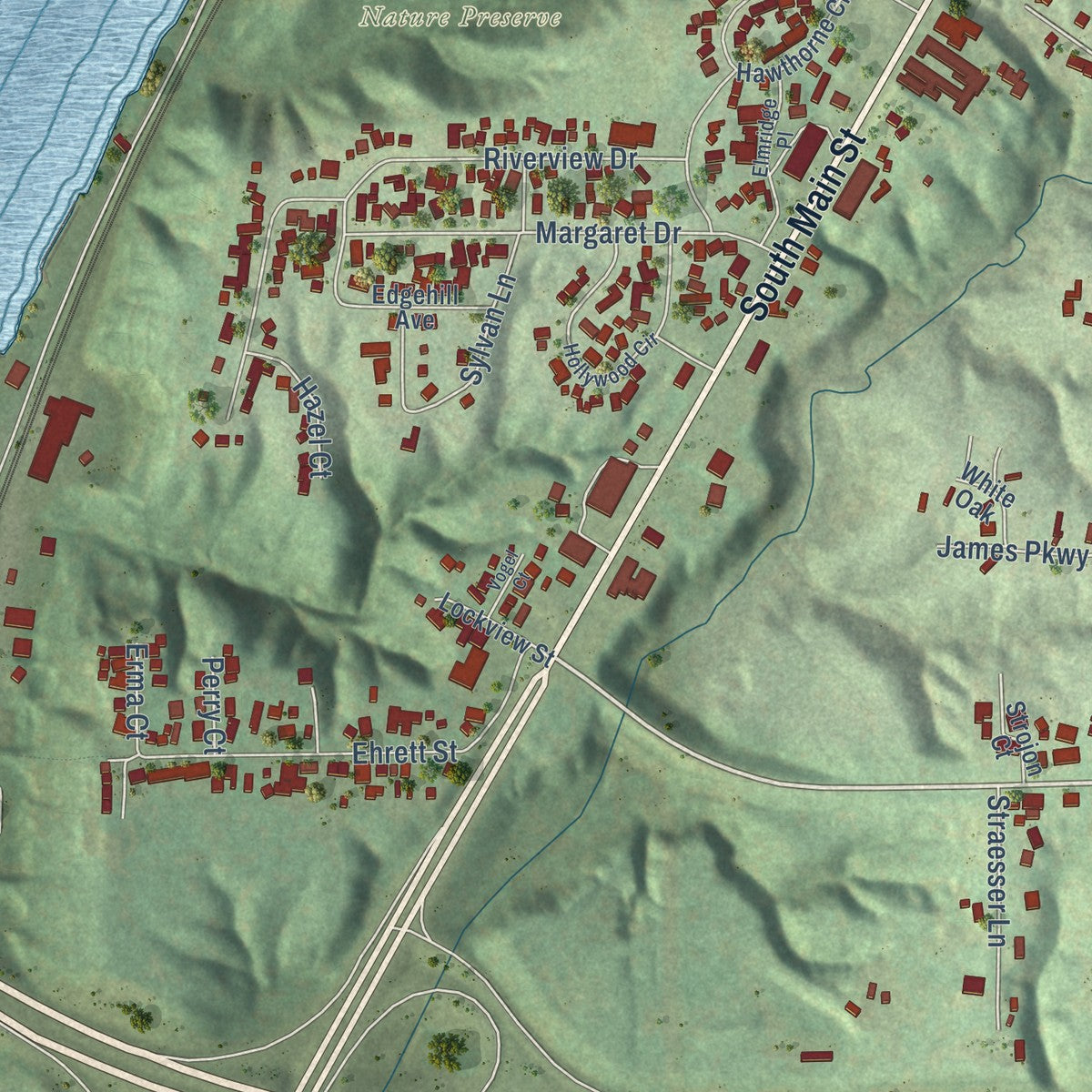 Second close-up of the map of Creve Coeur, Illinois print showing more streets and buildings