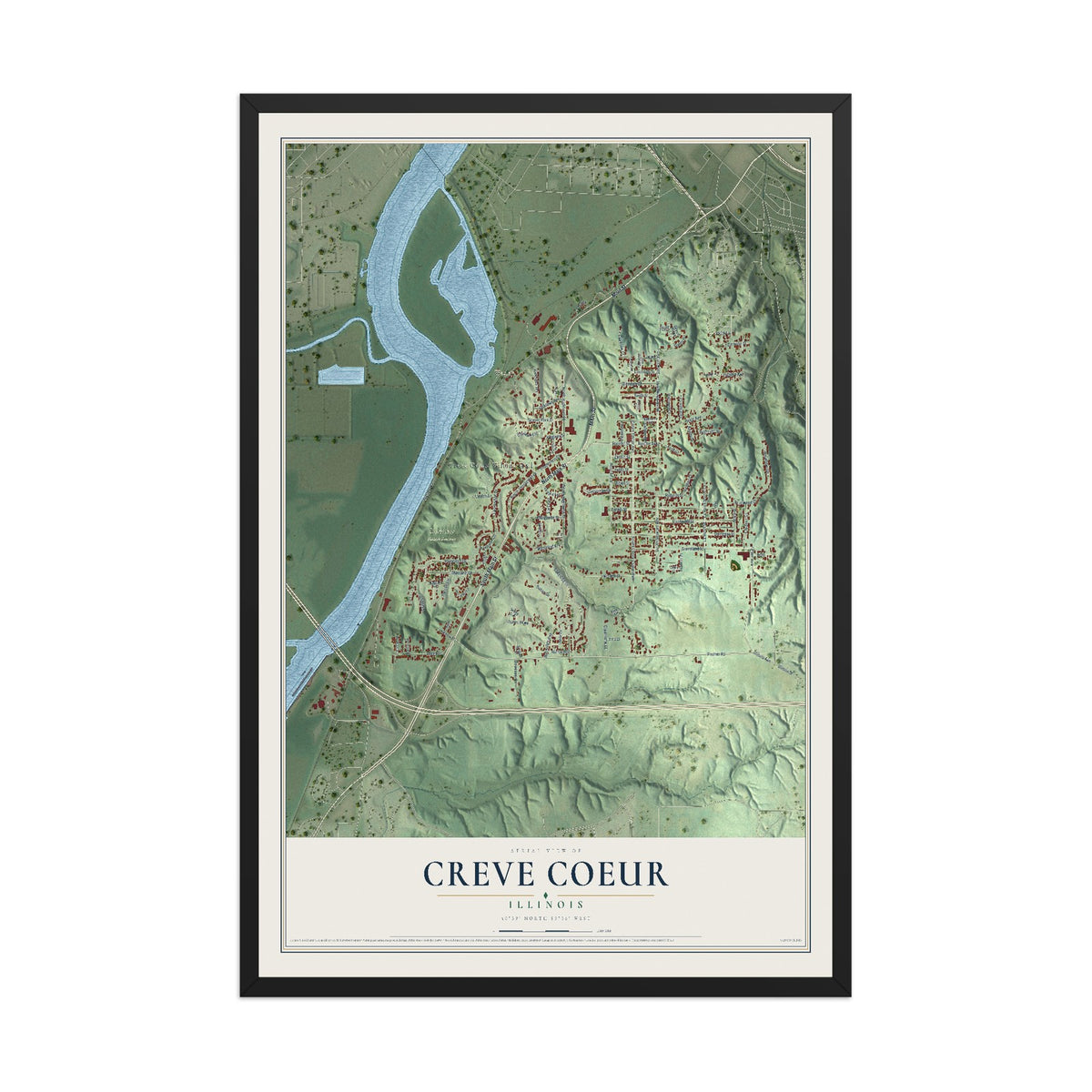Map of Creve Coeur, Illinois, 12 x 18 inch print in a black wood frame