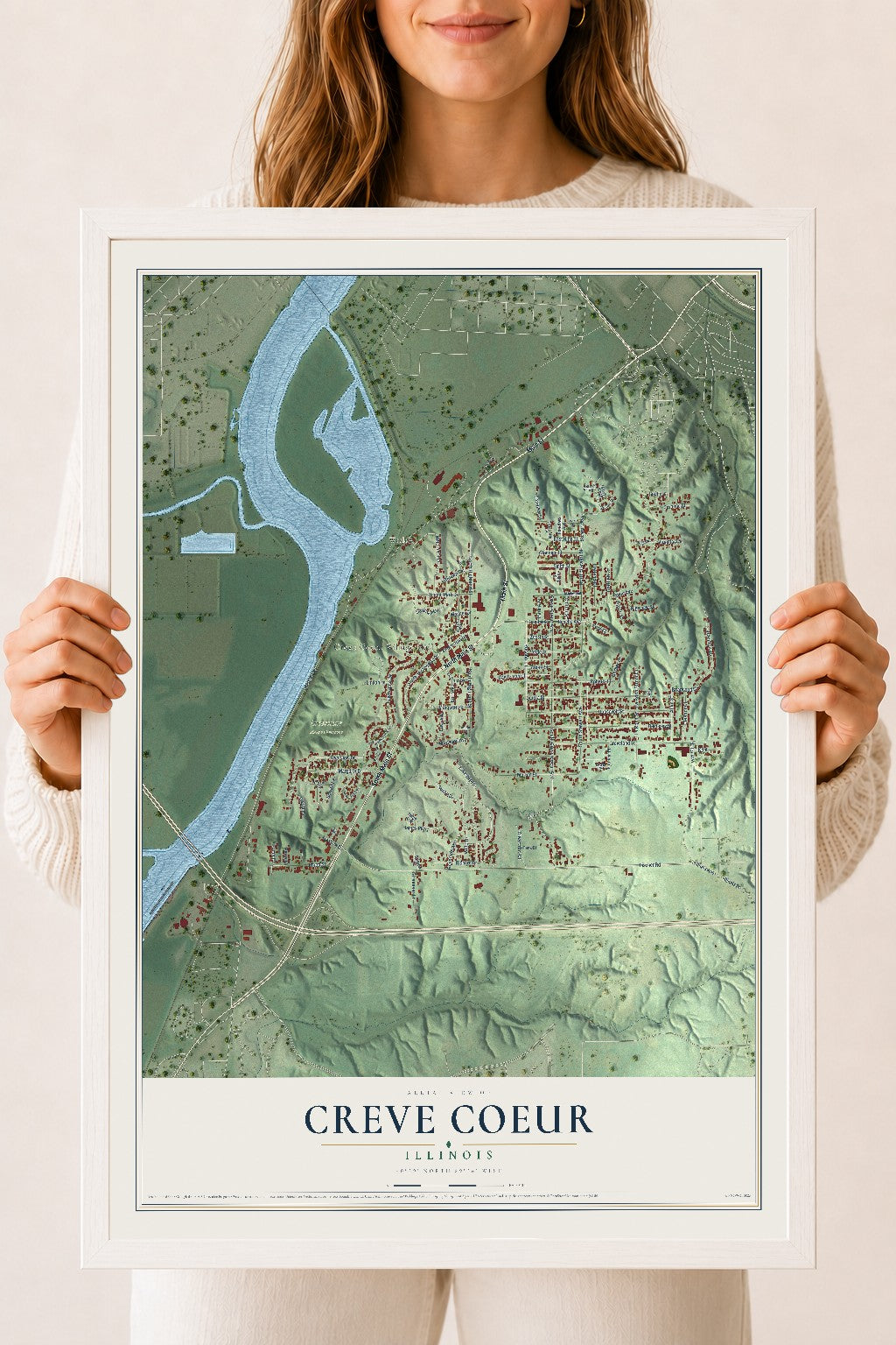 Map of Creve Coeur, Illinois, 18 x 24 inch print in a white wood frame