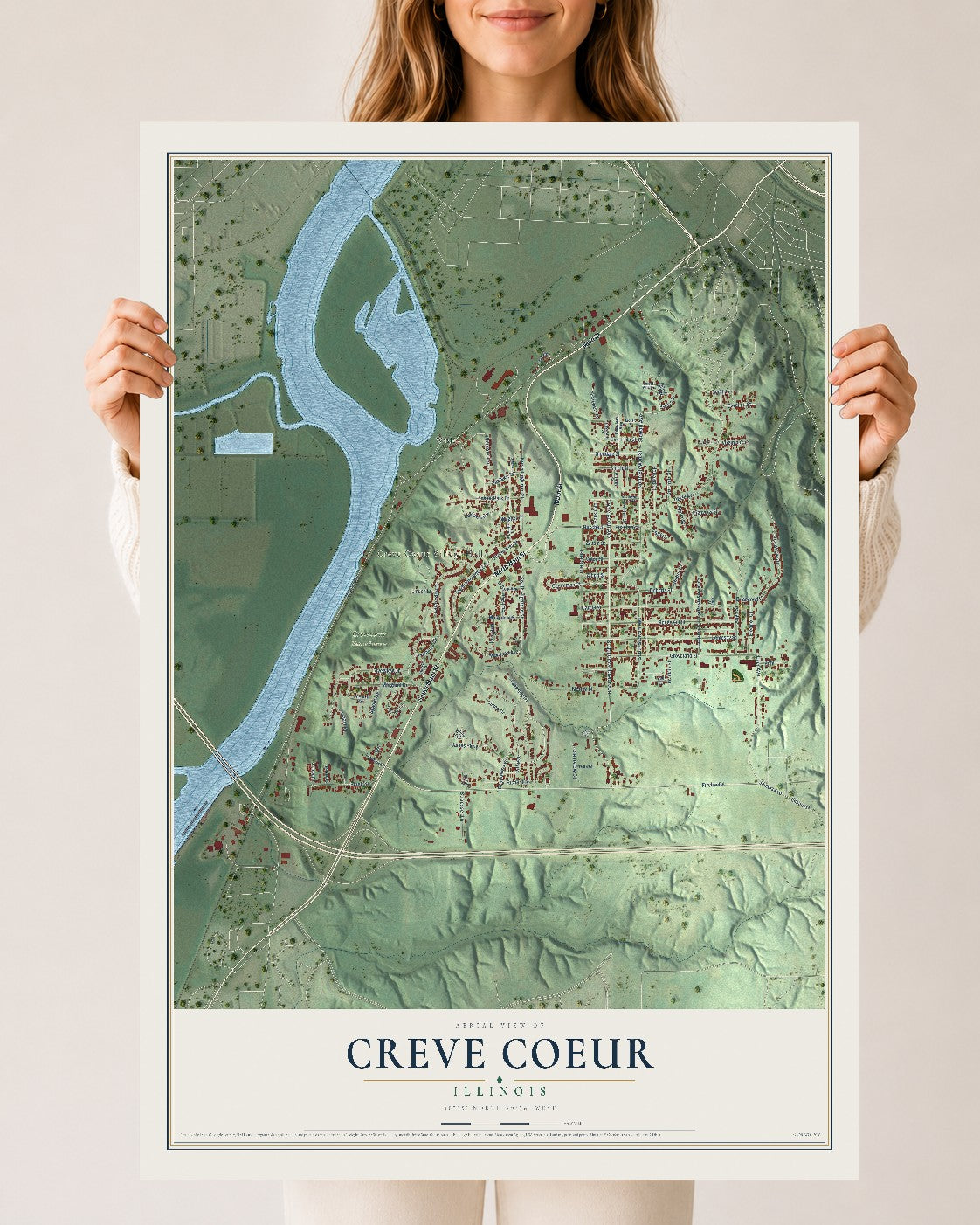 Map of Creve Coeur, Illinois, 24 x 36 inch unframed archival matte print