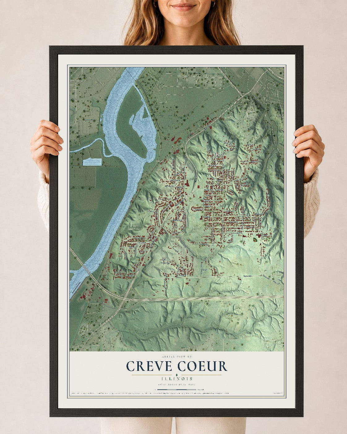 Map of Creve Coeur, Illinois, 24 x 36 inch print in a black wood frame