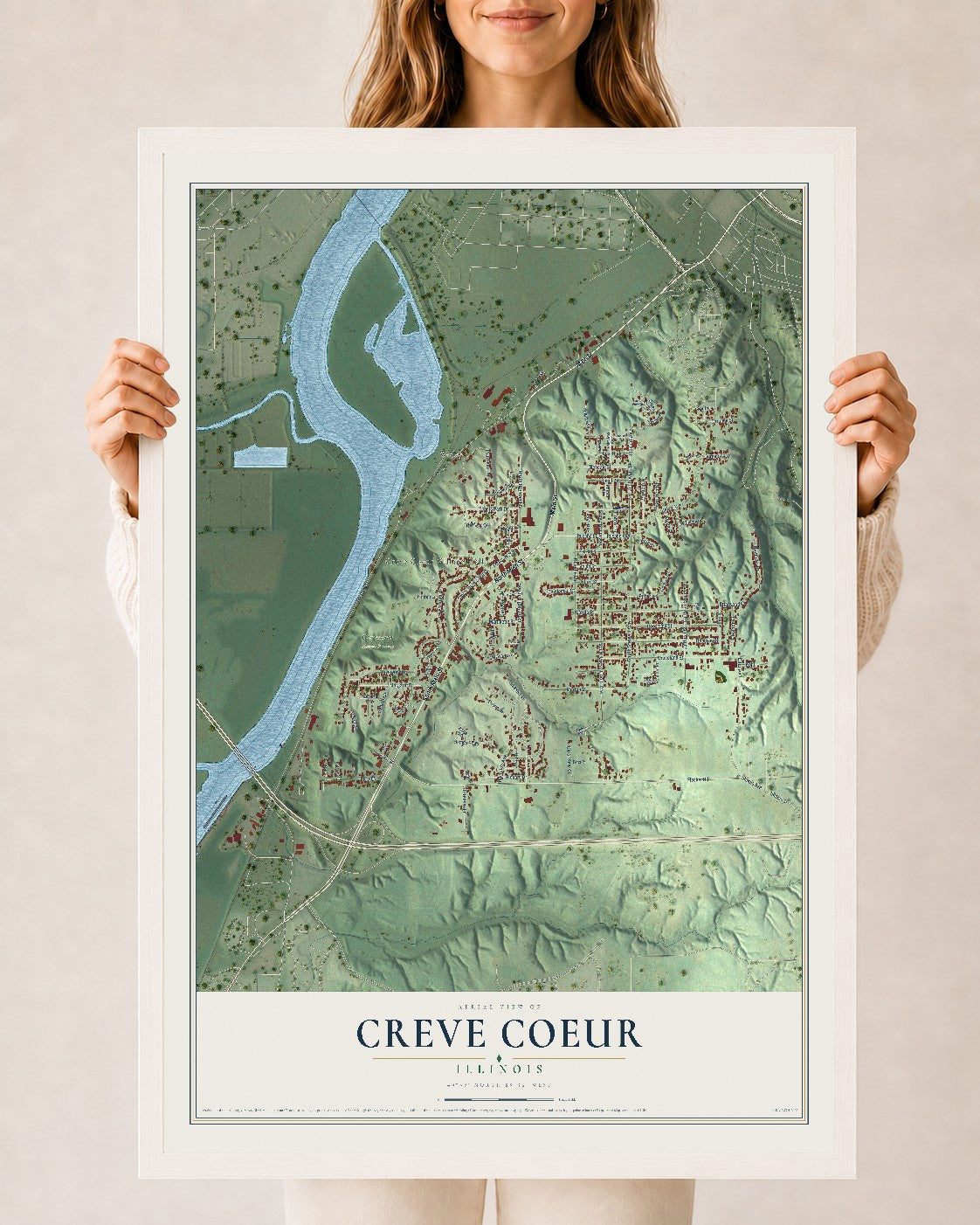 Map of Creve Coeur, Illinois, 24 x 36 inch print in a white wood frame