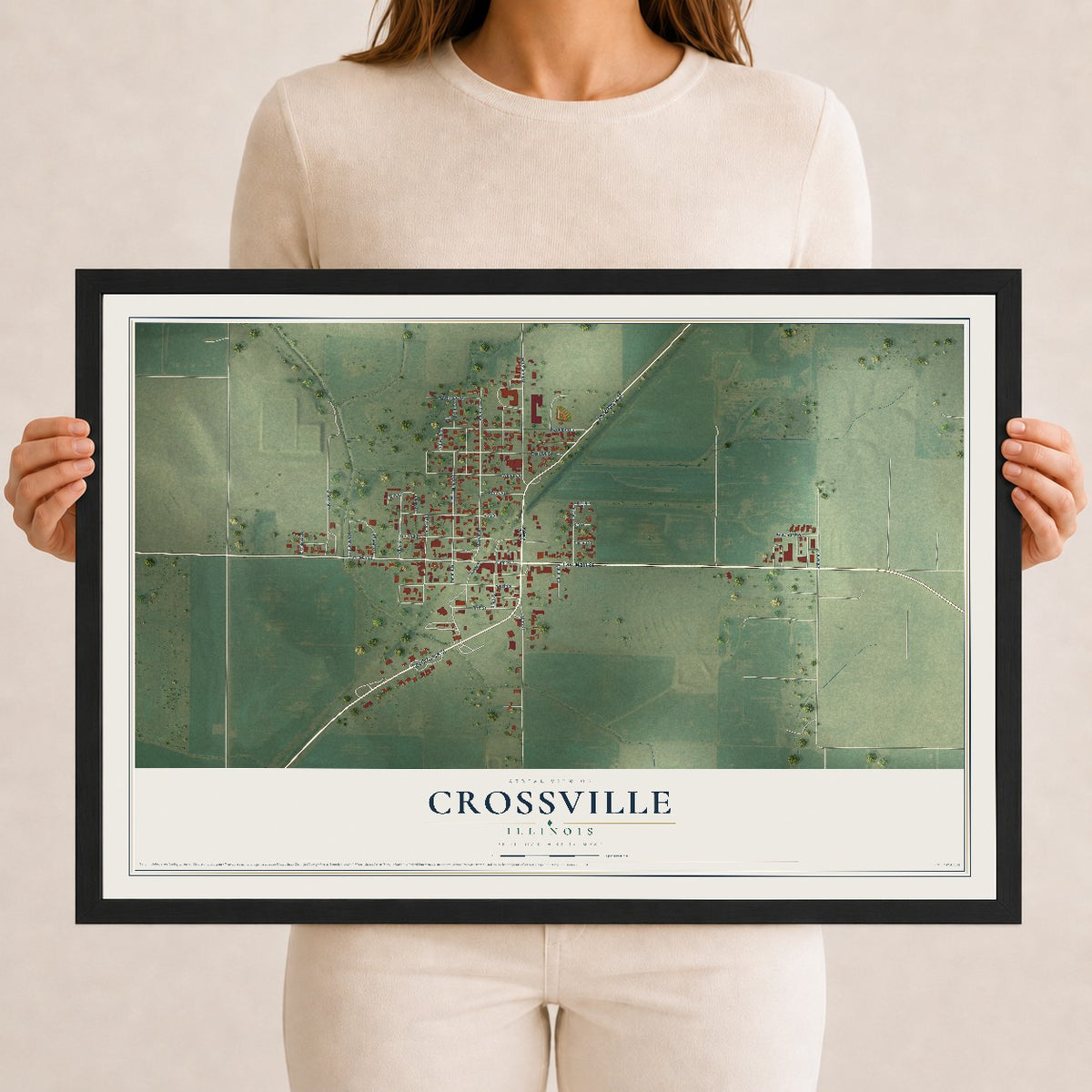 Map of Crossville, Illinois, 12 x 18 inch print in a black wood frame
