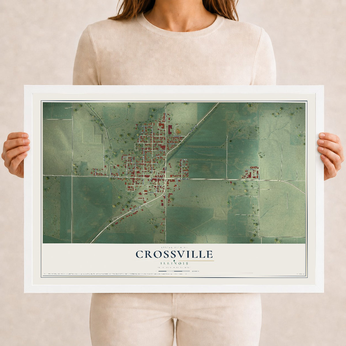 Map of Crossville, Illinois, 12 x 18 inch print in a white wood frame