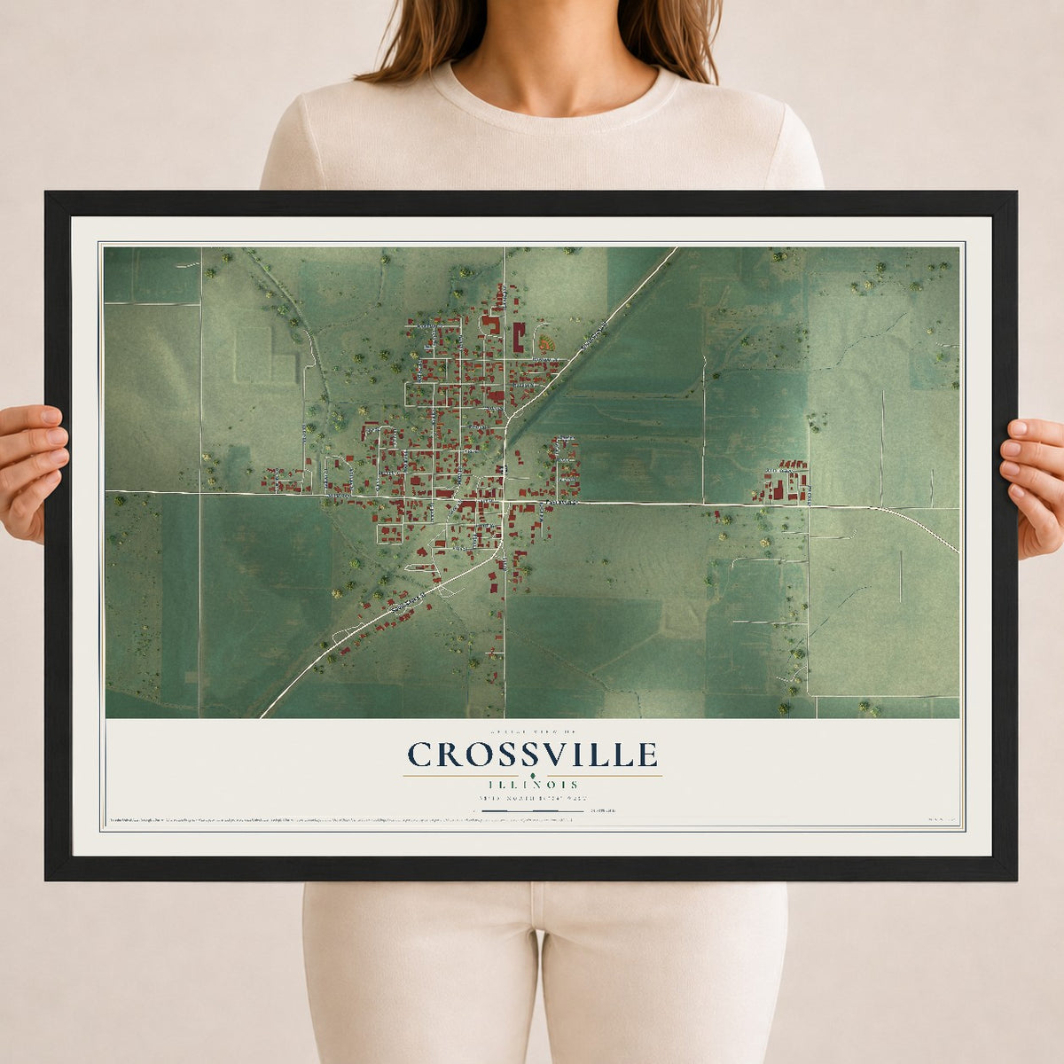 Map of Crossville, Illinois, 18 x 24 inch print in a black wood frame