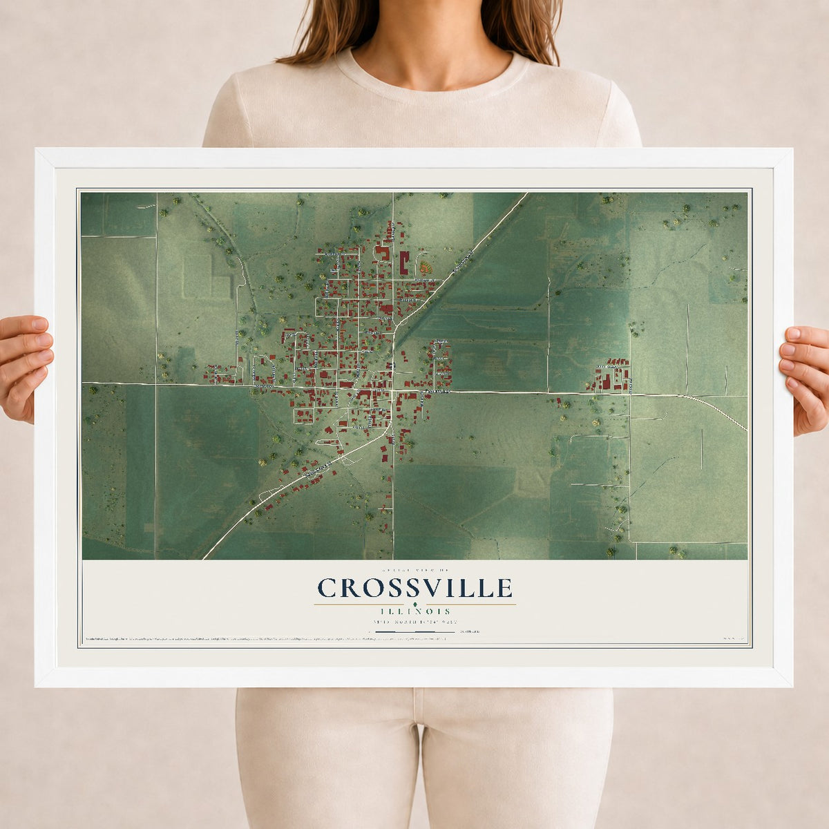 Map of Crossville, Illinois, 18 x 24 inch print in a white wood frame