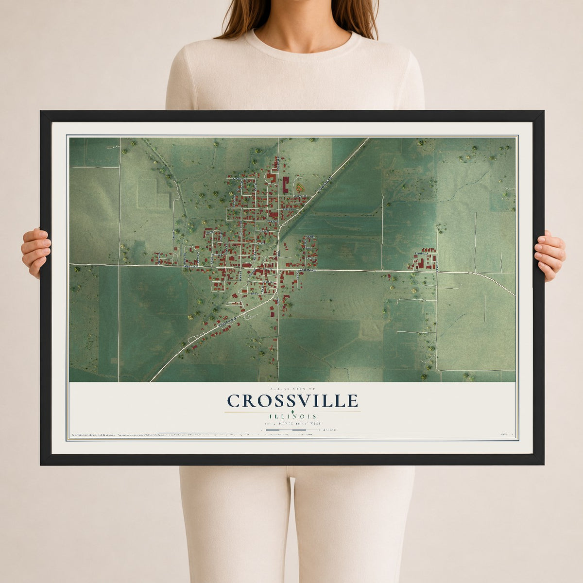 Map of Crossville, Illinois, 24 x 36 inch print in a black wood frame