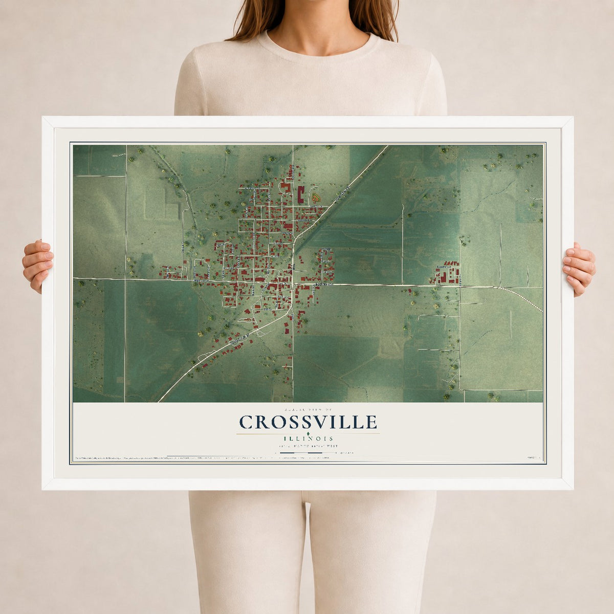 Map of Crossville, Illinois, 24 x 36 inch print in a white wood frame