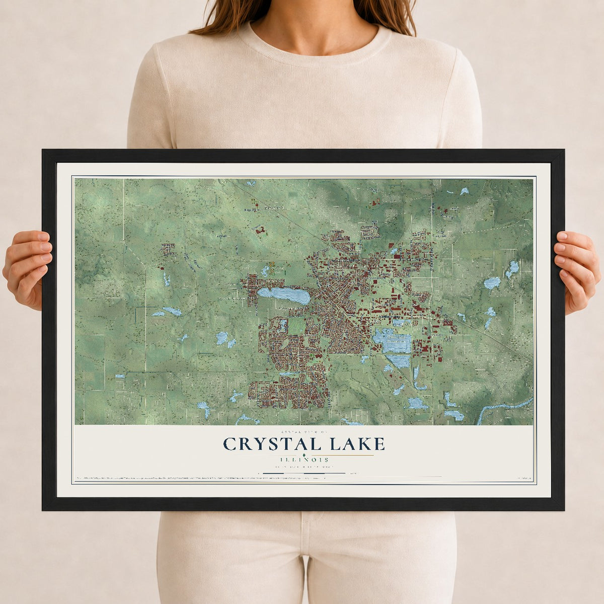 Map of Crystal Lake, Illinois, 12 x 18 inch print in a black wood frame