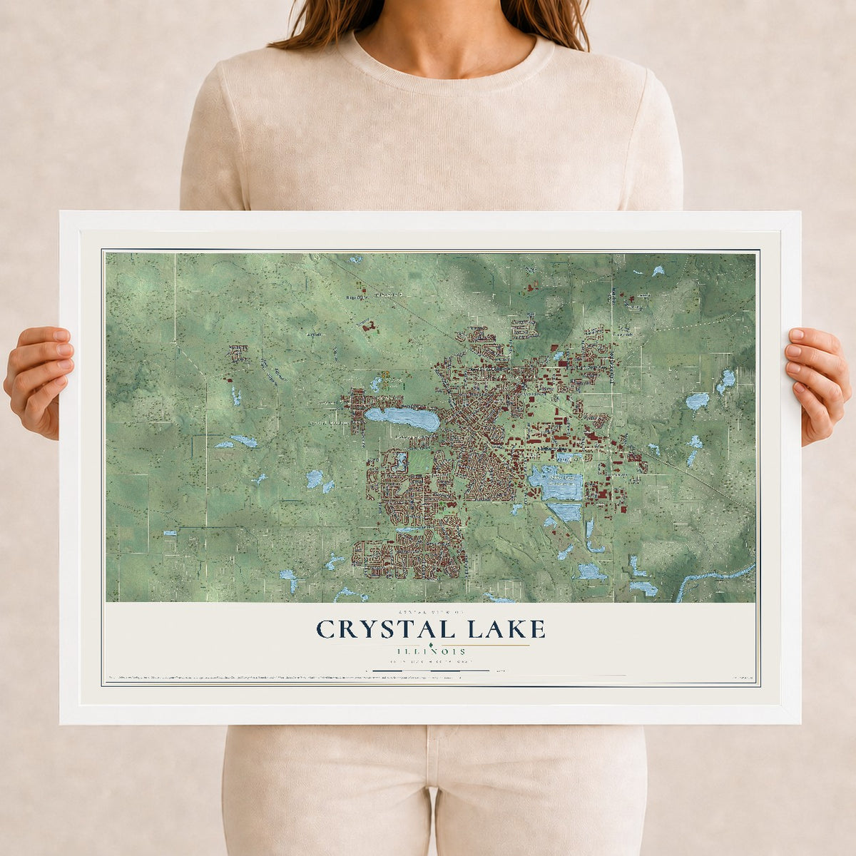 Map of Crystal Lake, Illinois, 12 x 18 inch print in a white wood frame
