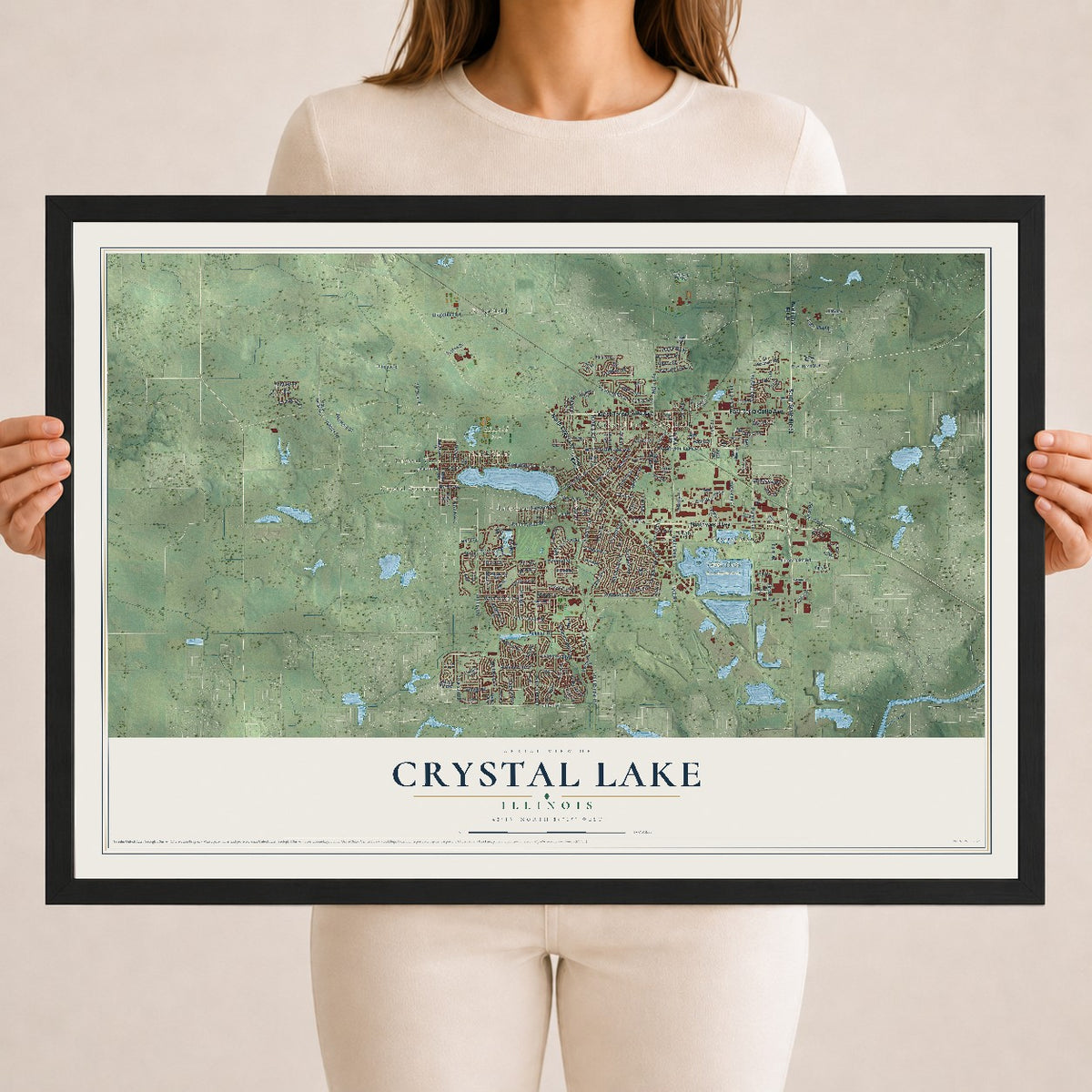 Map of Crystal Lake, Illinois, 18 x 24 inch print in a black wood frame