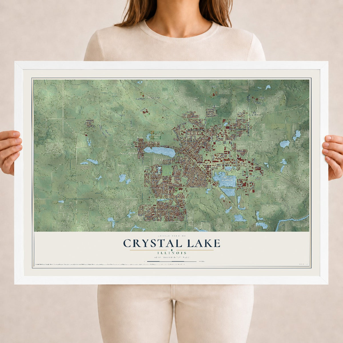 Map of Crystal Lake, Illinois, 18 x 24 inch print in a white wood frame