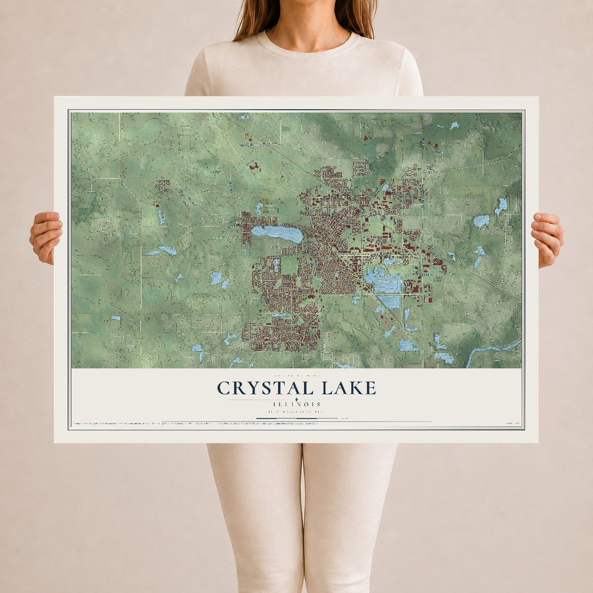 Map of Crystal Lake, Illinois, 24 x 36 inch unframed archival matte print