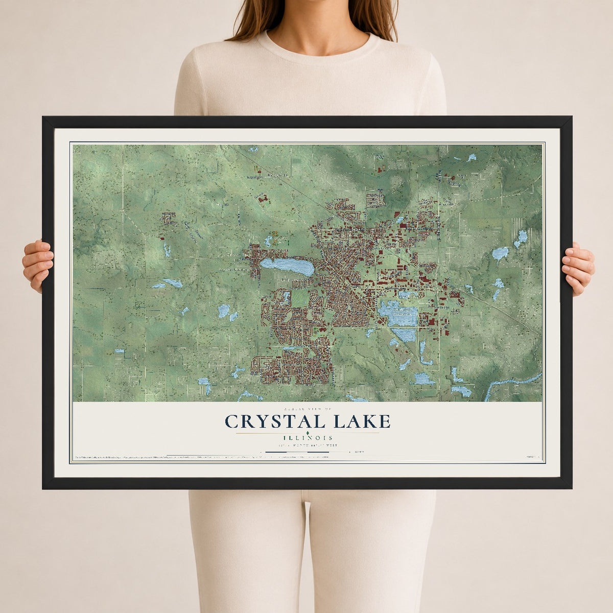 Map of Crystal Lake, Illinois, 24 x 36 inch print in a black wood frame