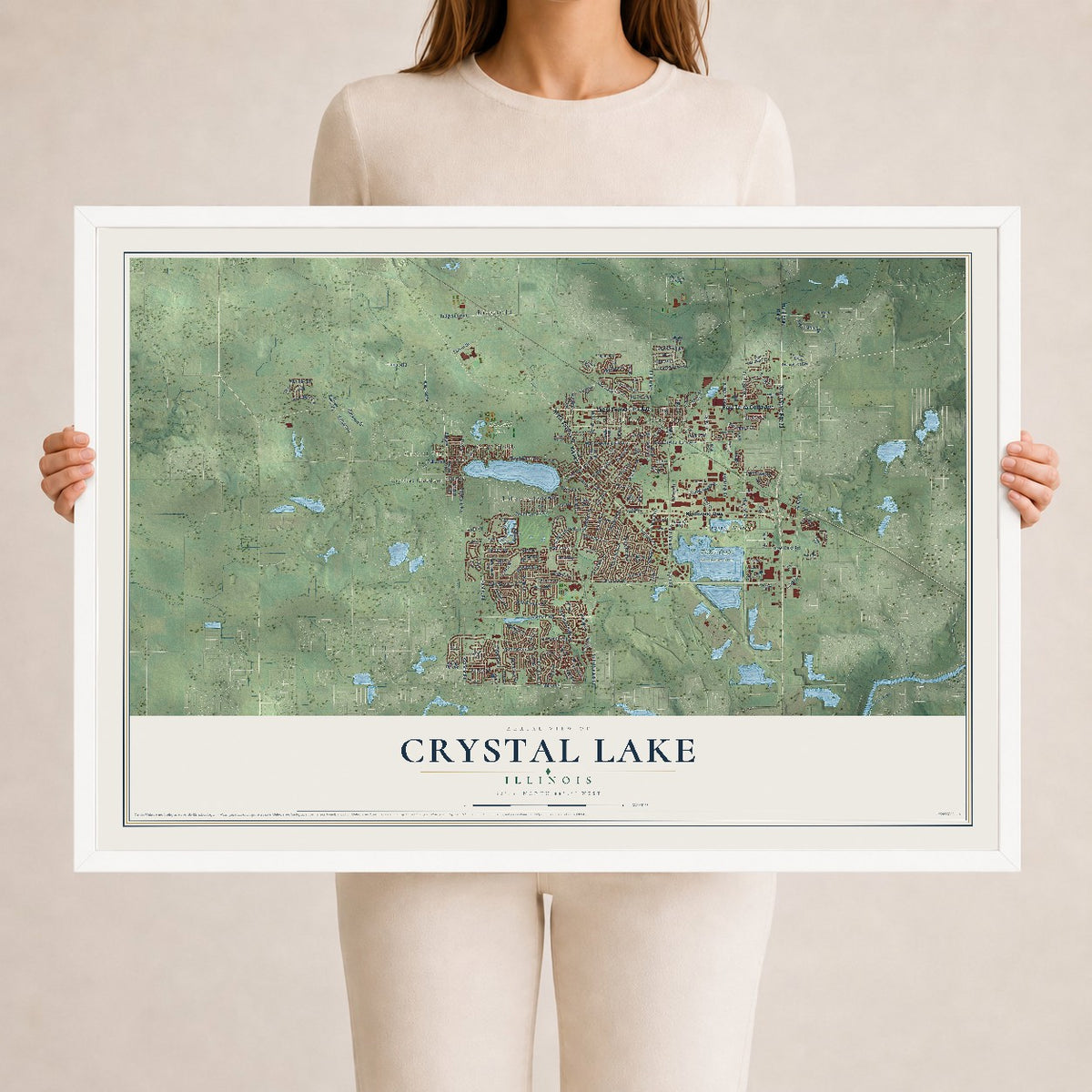 Map of Crystal Lake, Illinois, 24 x 36 inch print in a white wood frame