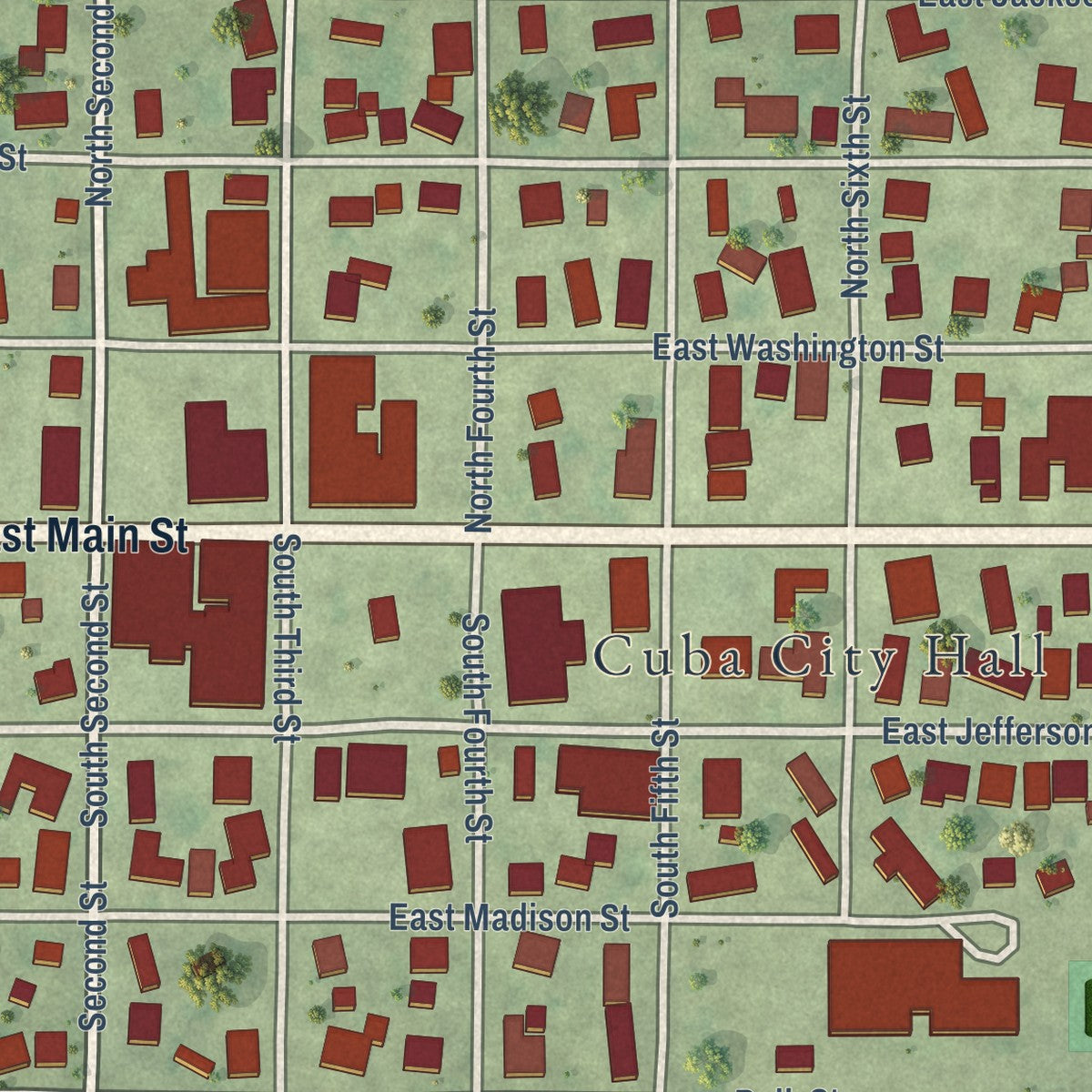 Close-up of the map of Cuba, Illinois print showing street and building detail