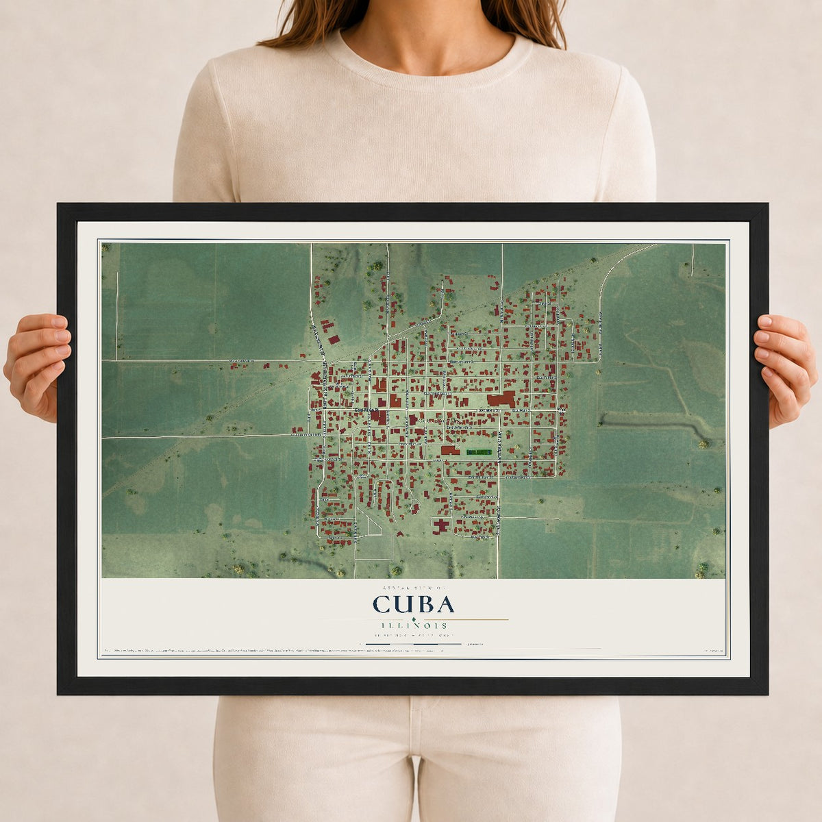 Map of Cuba, Illinois, 12 x 18 inch print in a black wood frame