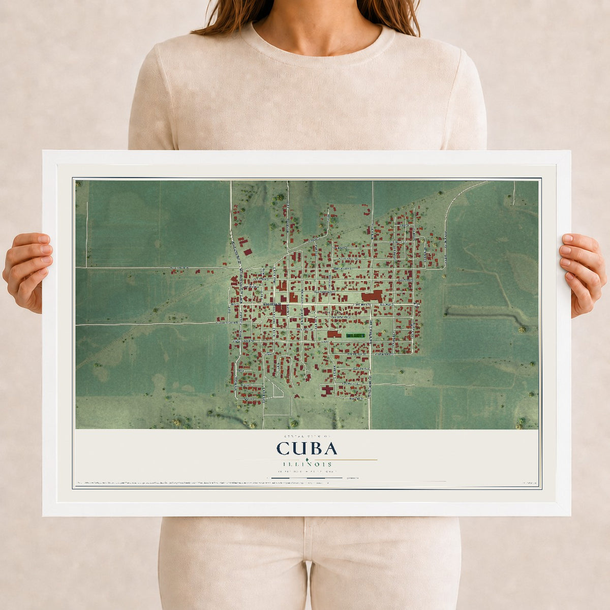 Map of Cuba, Illinois, 12 x 18 inch print in a white wood frame
