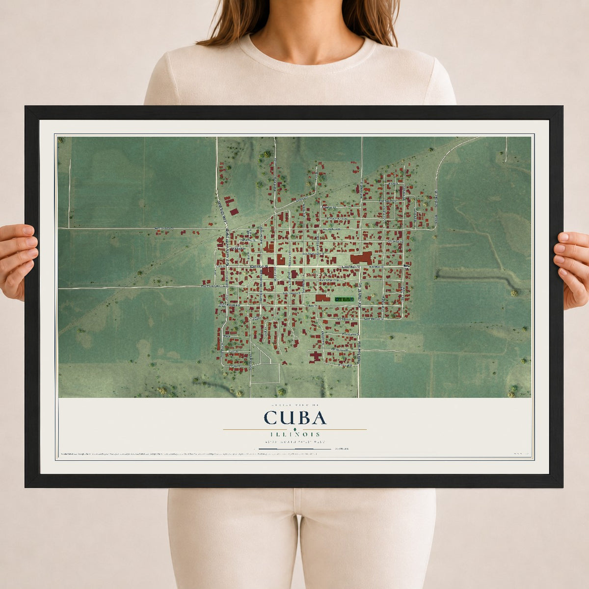 Map of Cuba, Illinois, 18 x 24 inch print in a black wood frame