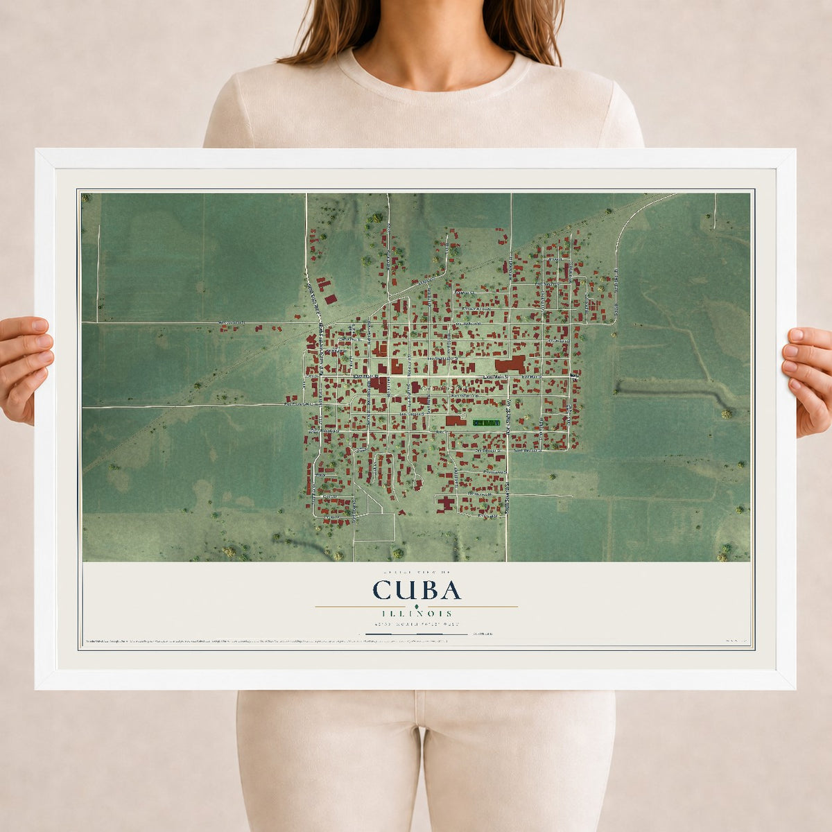 Map of Cuba, Illinois, 18 x 24 inch print in a white wood frame