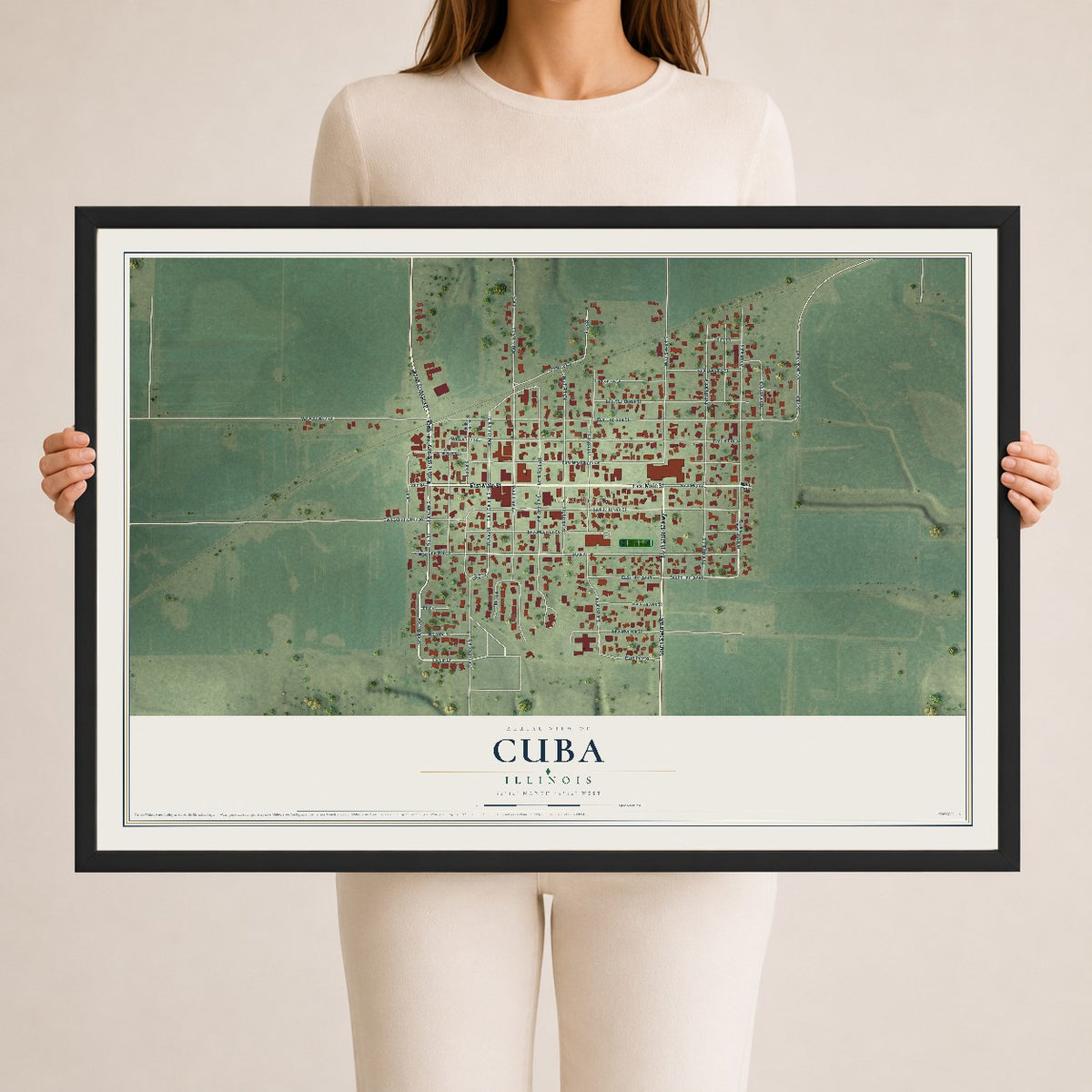 Map of Cuba, Illinois, 24 x 36 inch print in a black wood frame