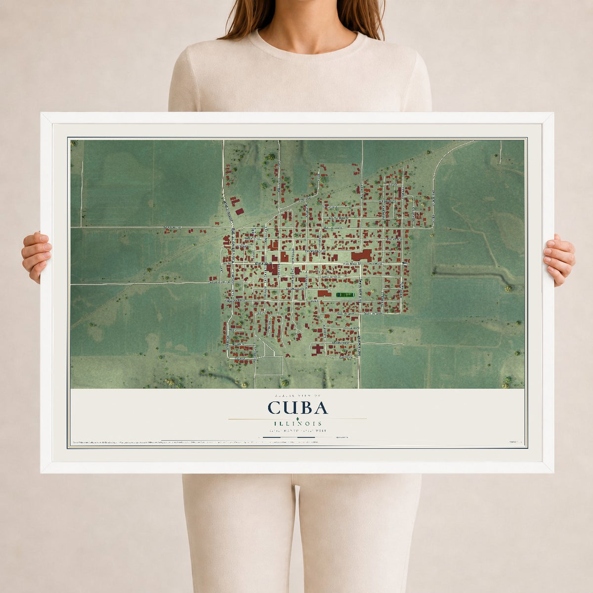 Map of Cuba, Illinois, 24 x 36 inch print in a white wood frame