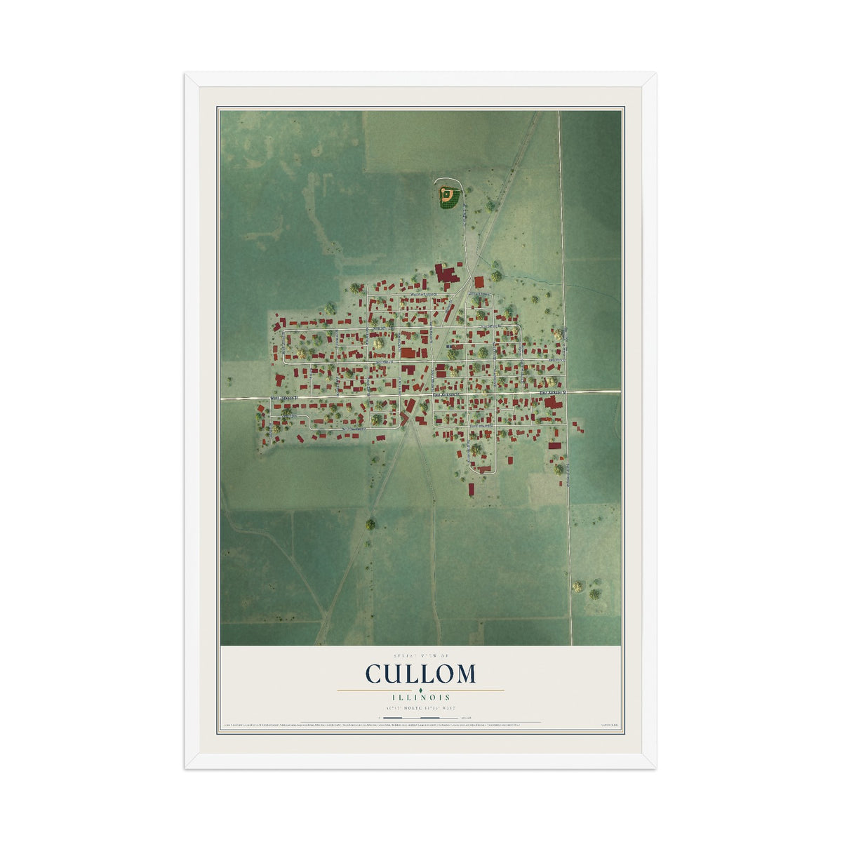 Map of Cullom, Illinois, 12 x 18 inch print in a white wood frame