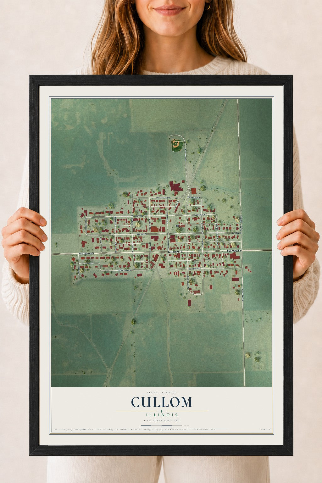 Map of Cullom, Illinois, 18 x 24 inch print in a black wood frame