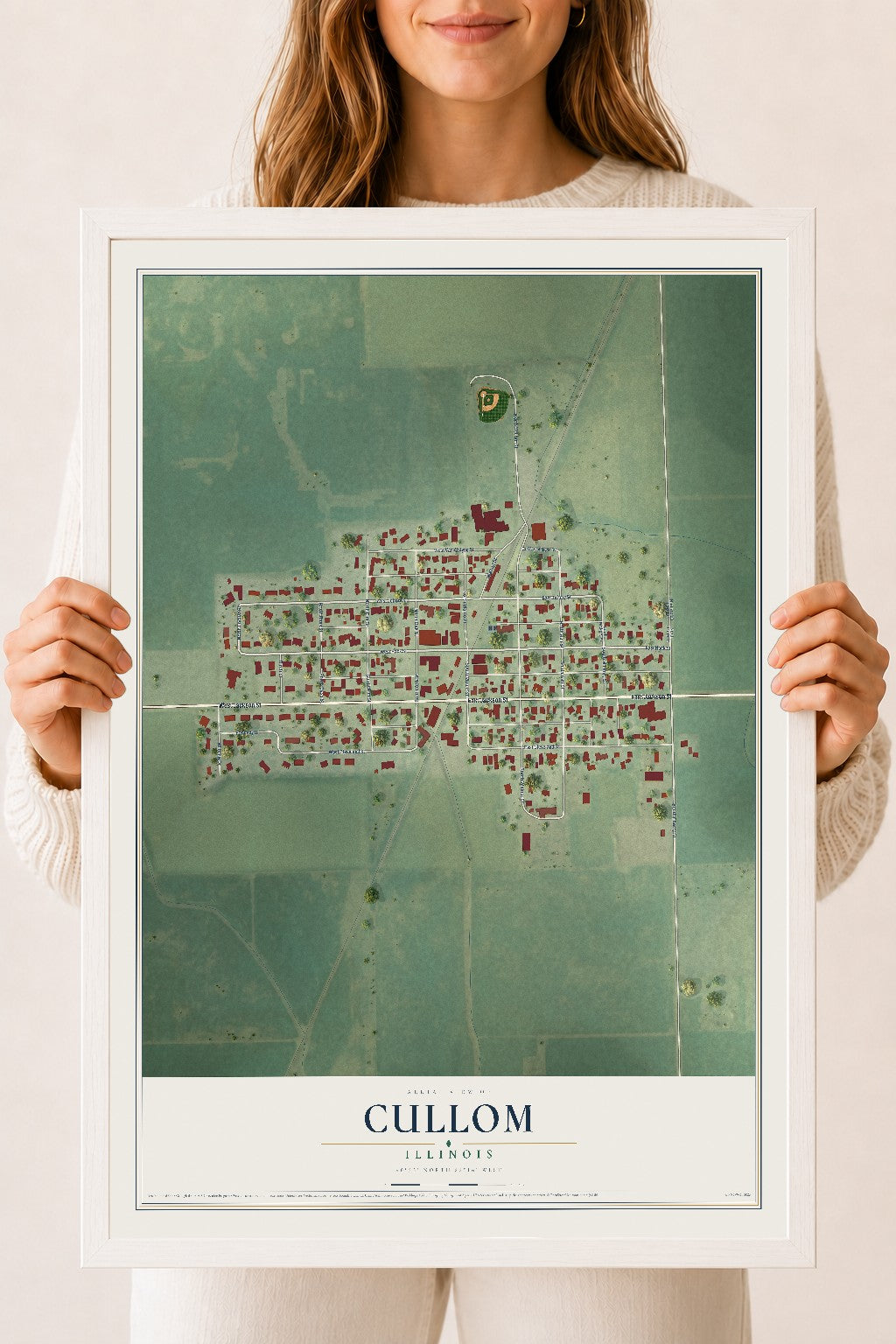 Map of Cullom, Illinois, 18 x 24 inch print in a white wood frame
