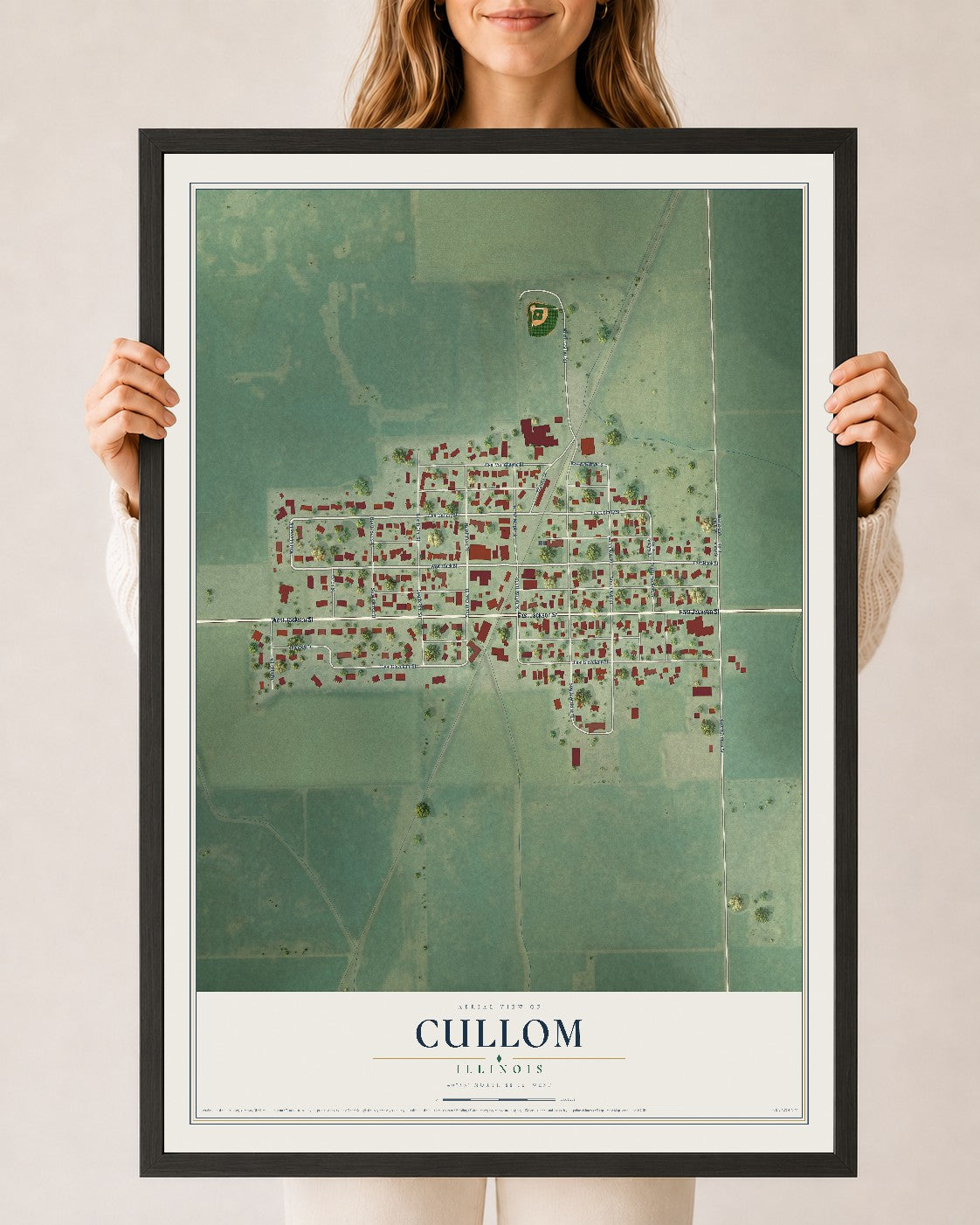 Map of Cullom, Illinois, 24 x 36 inch print in a black wood frame