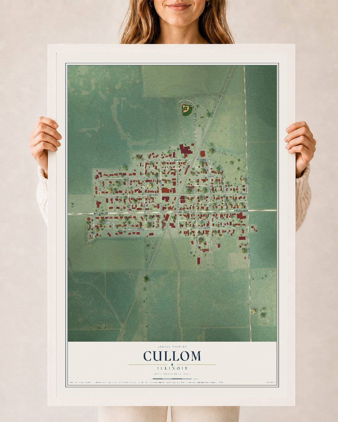 Map of Cullom, Illinois, 24 x 36 inch print in a white wood frame