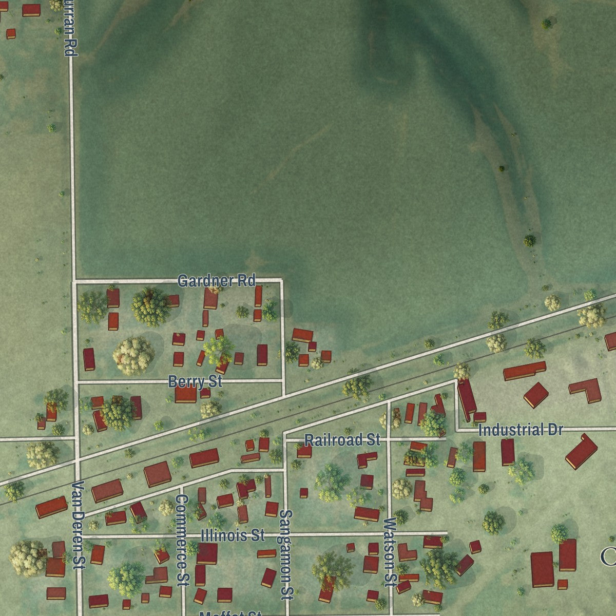 Close-up of the map of Curran, Illinois print showing street and building detail