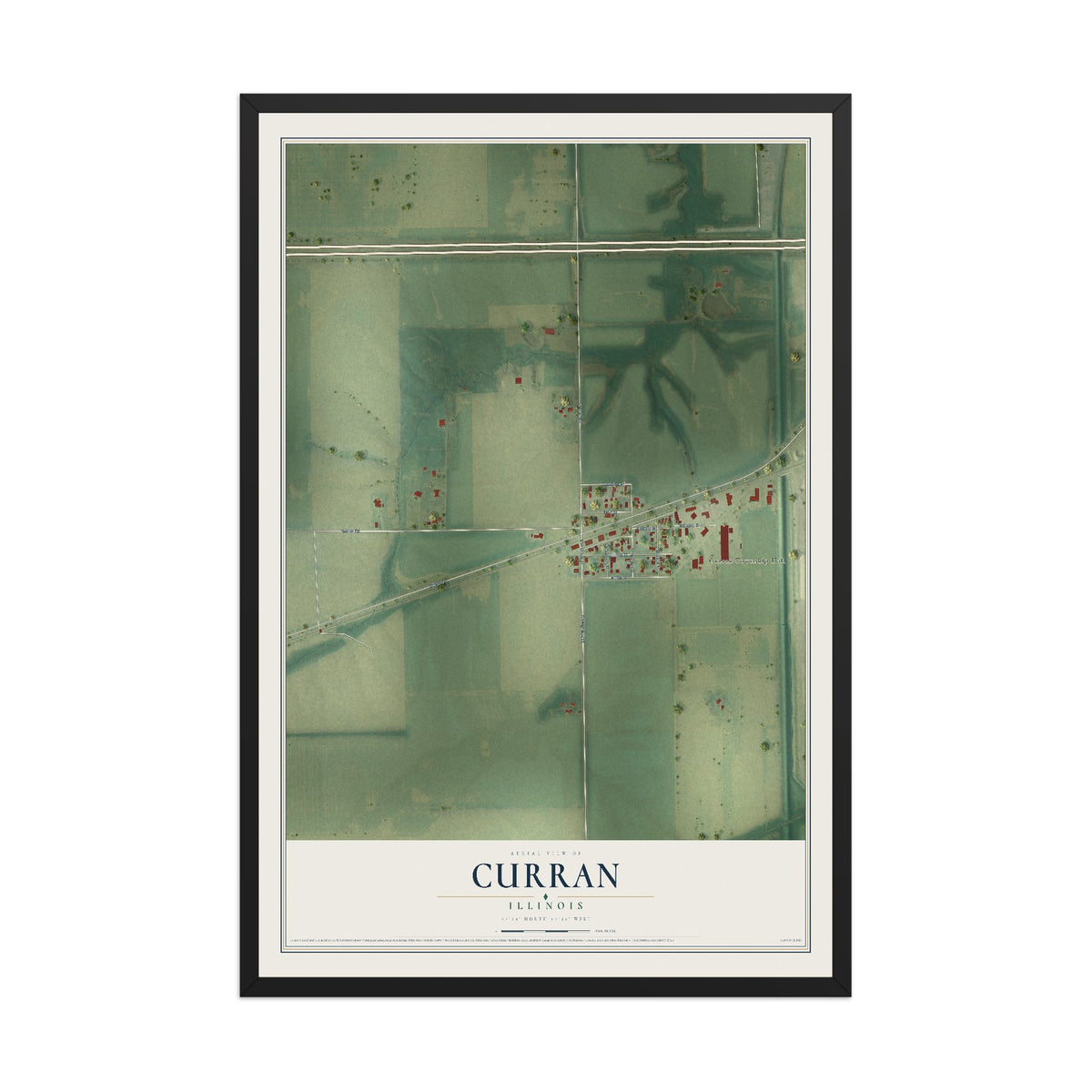 Map of Curran, Illinois, 12 x 18 inch print in a black wood frame