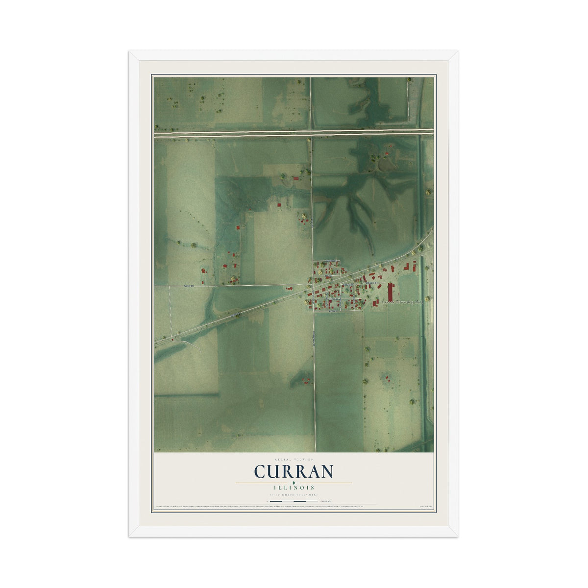 Map of Curran, Illinois, 12 x 18 inch print in a white wood frame