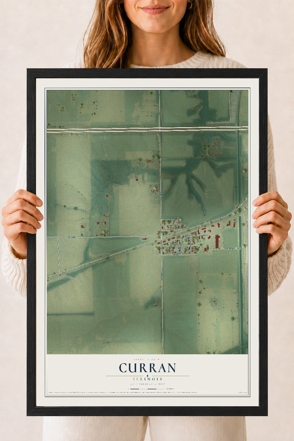 Map of Curran, Illinois, 18 x 24 inch print in a black wood frame