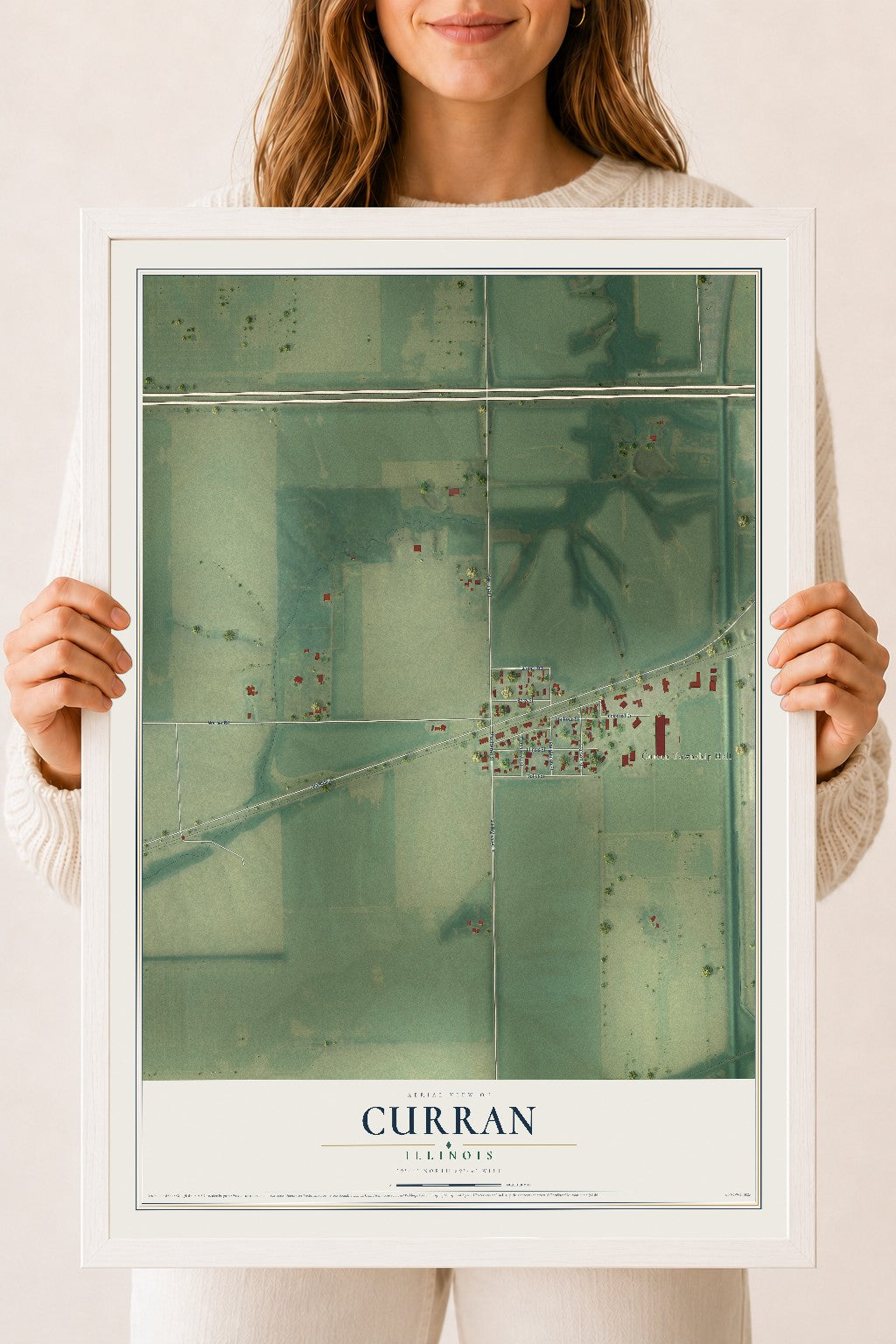 Map of Curran, Illinois, 18 x 24 inch print in a white wood frame
