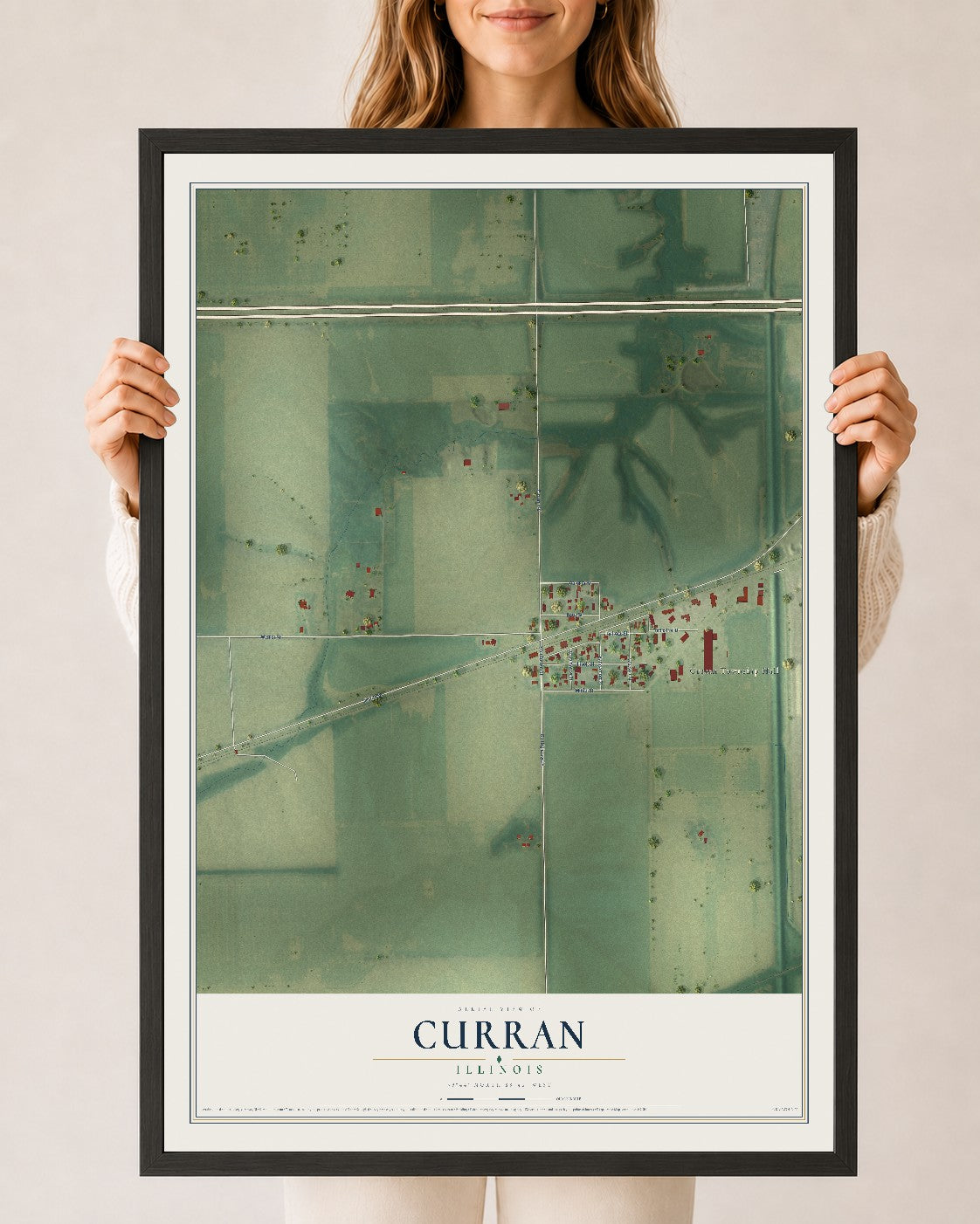 Map of Curran, Illinois, 24 x 36 inch print in a black wood frame