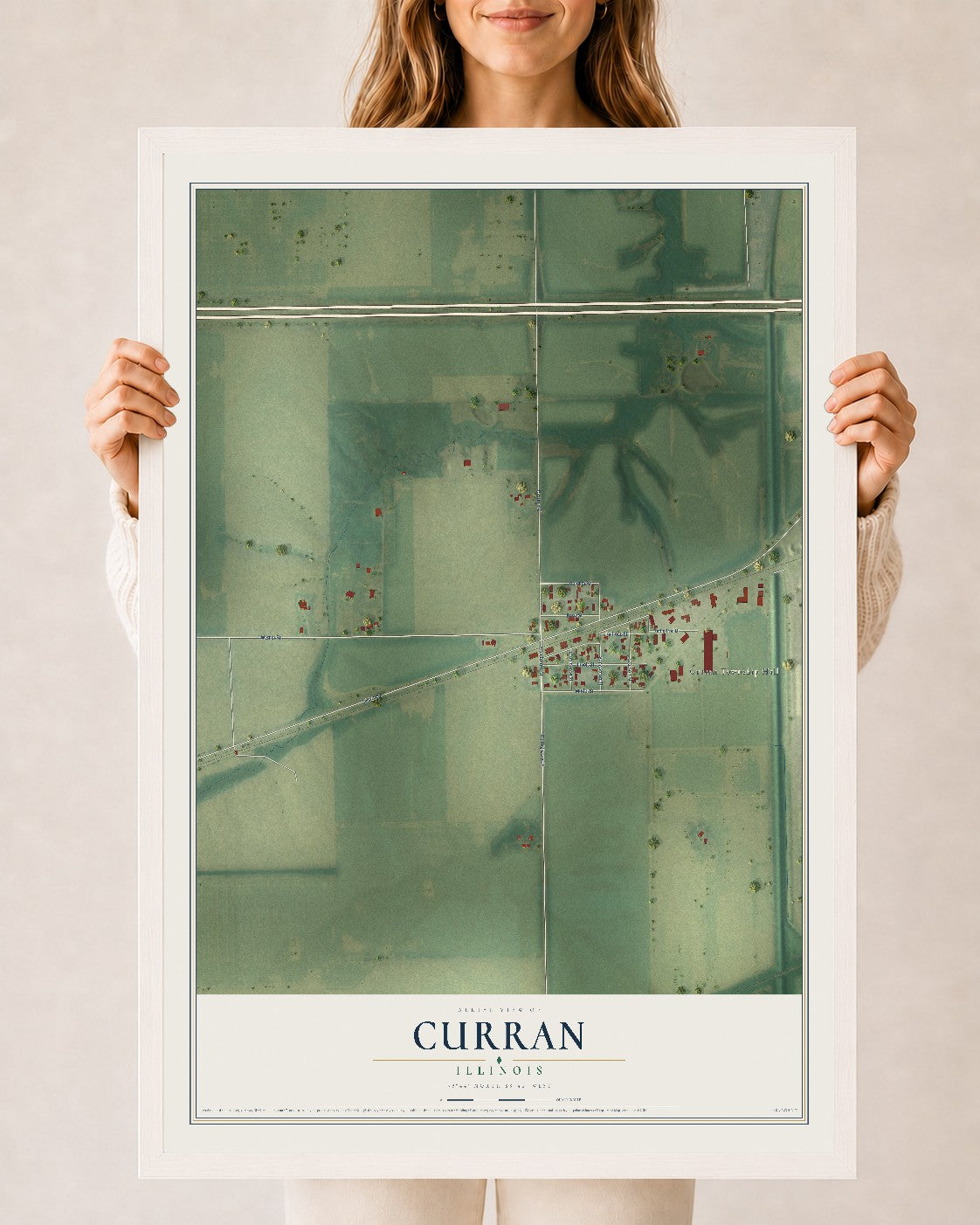 Map of Curran, Illinois, 24 x 36 inch print in a white wood frame