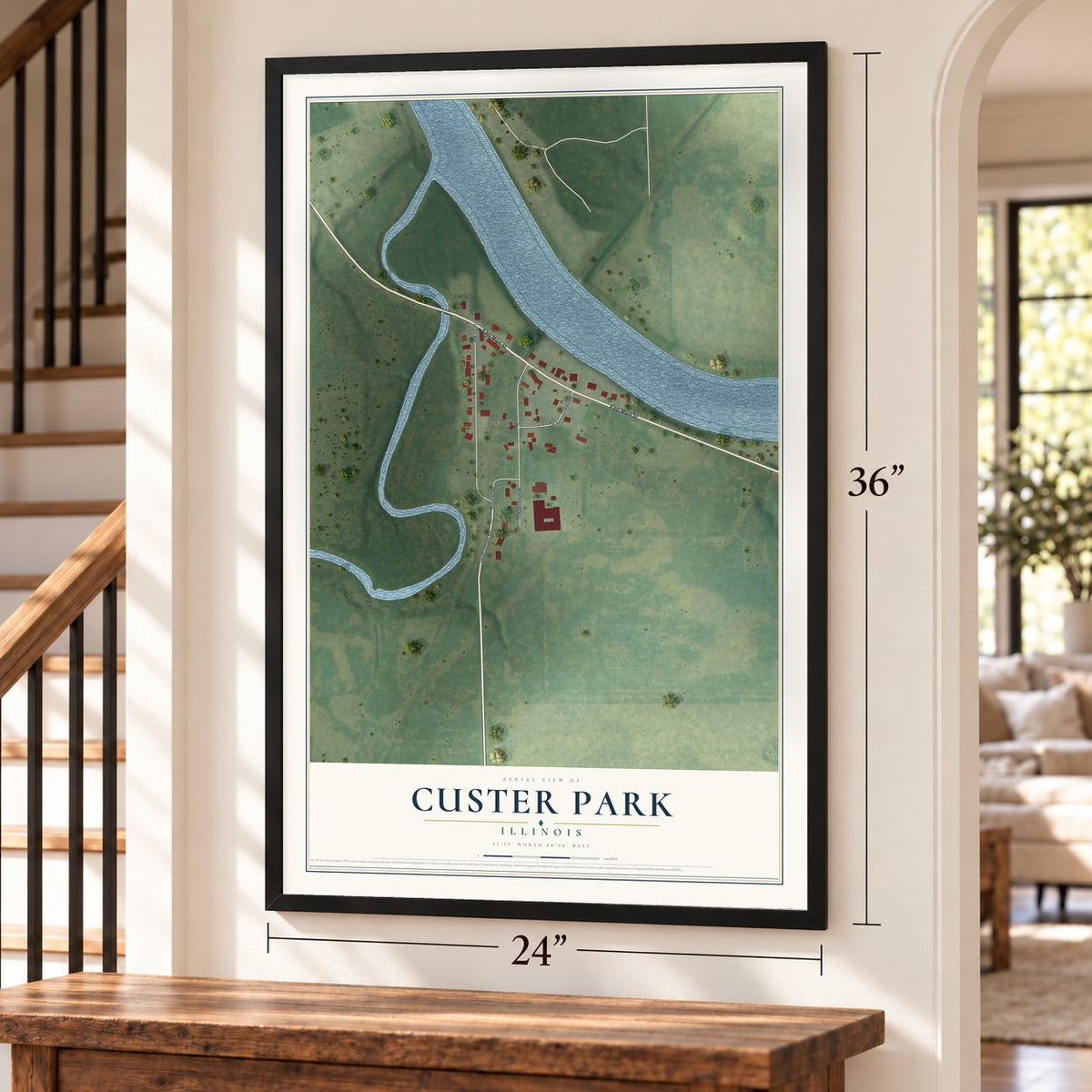 Custer Park, Illinois map, 24 x 36 inch print in a black frame by a staircase