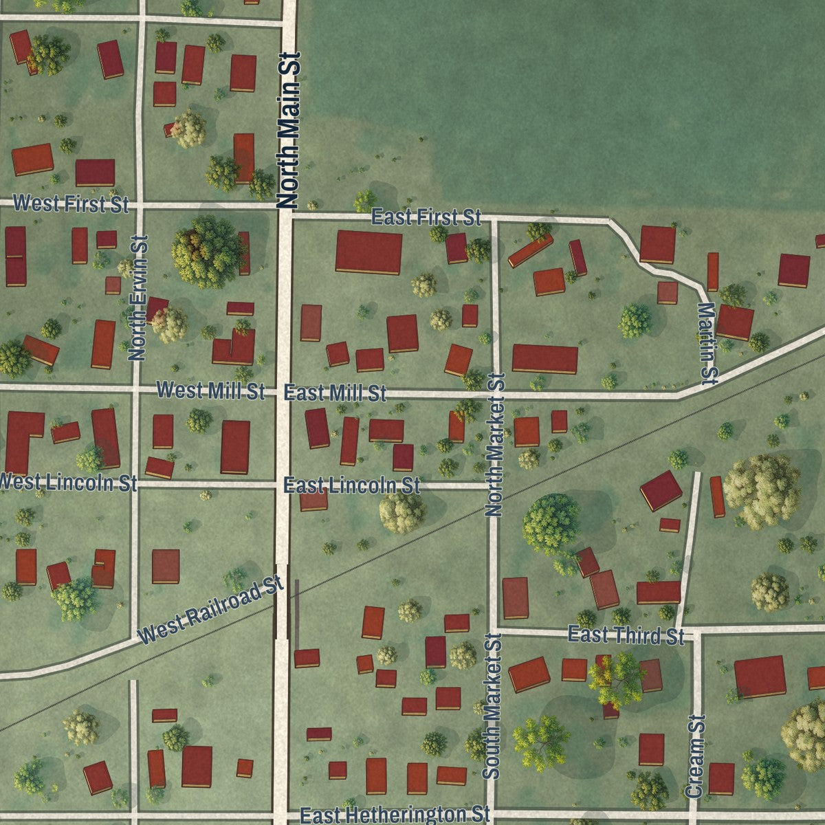 Close-up of the map of Cutler, Illinois print showing street and building detail