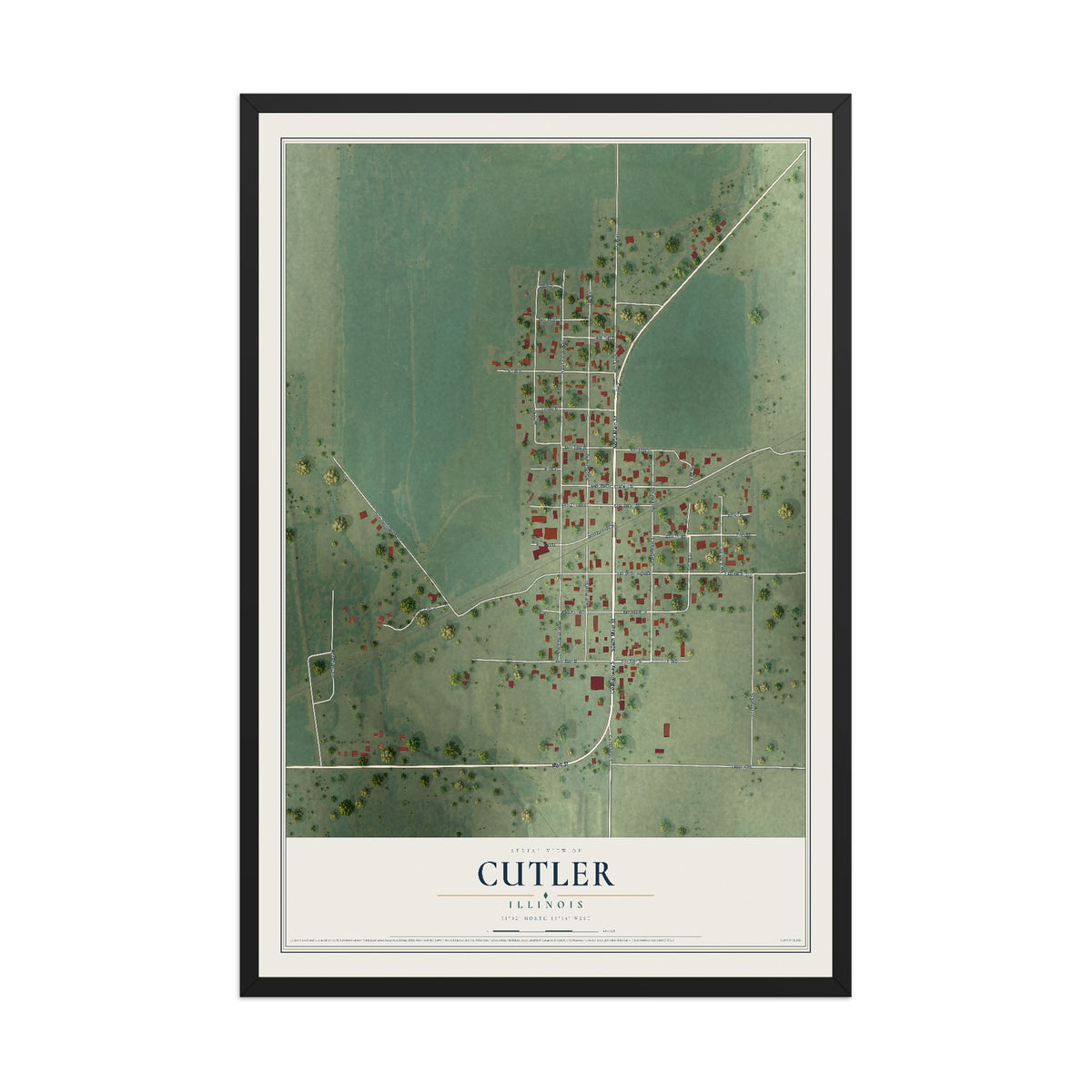 Map of Cutler, Illinois, 12 x 18 inch print in a black wood frame