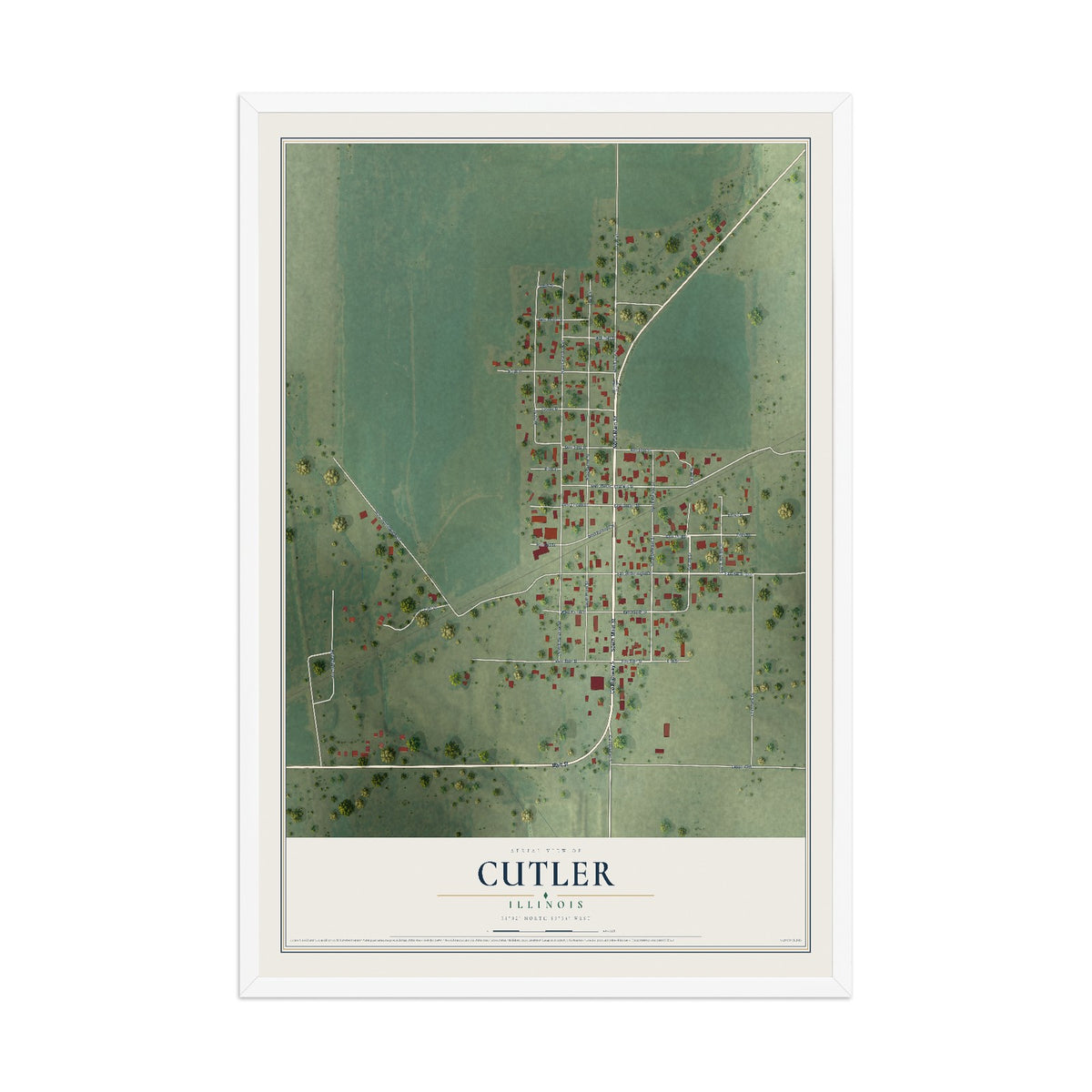 Map of Cutler, Illinois, 12 x 18 inch print in a white wood frame