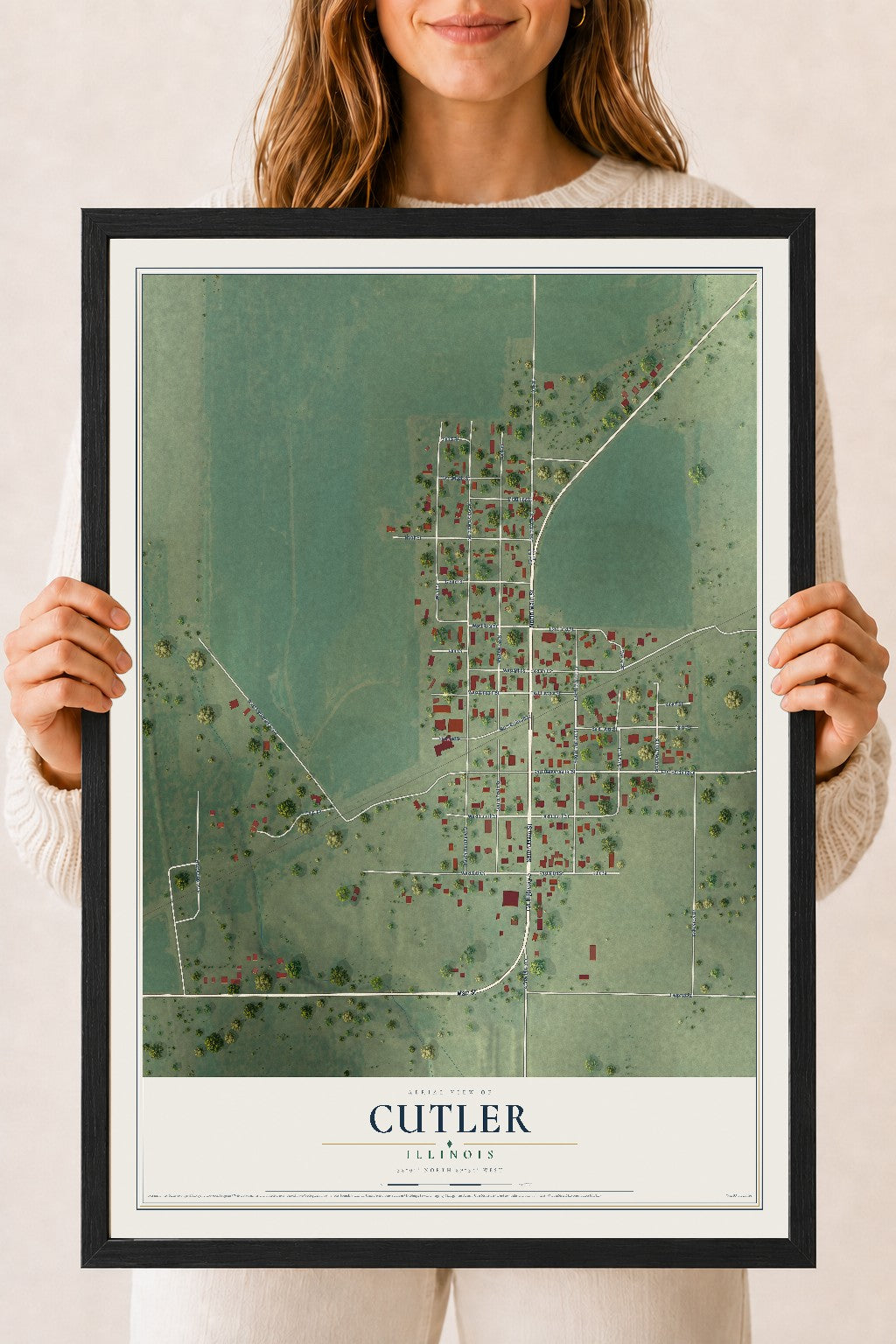 Map of Cutler, Illinois, 18 x 24 inch print in a black wood frame