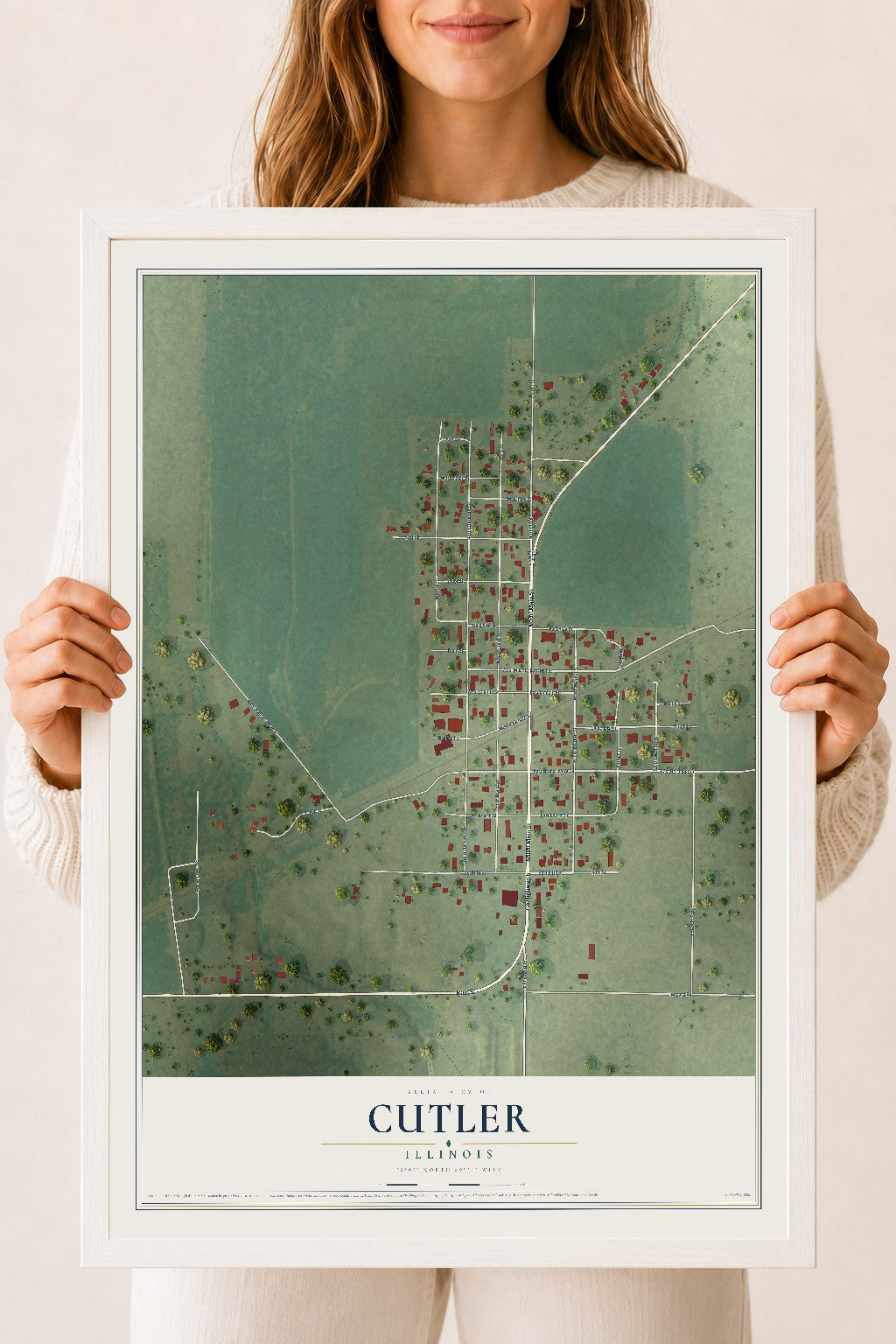 Map of Cutler, Illinois, 18 x 24 inch print in a white wood frame